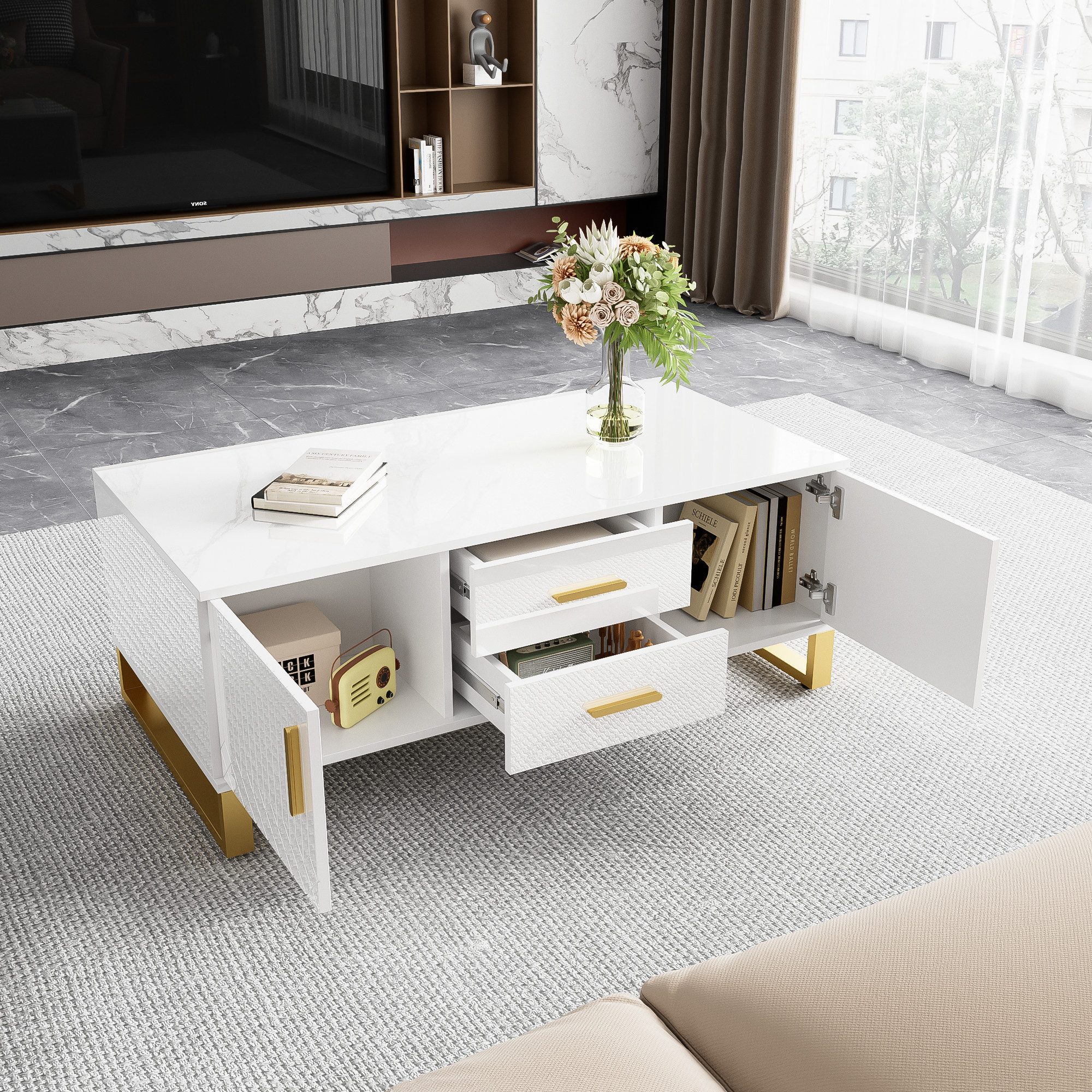 Merax Couchtisch mit Schubladen und Nische, Beistelltisch hochglanz mit Tür günstig online kaufen