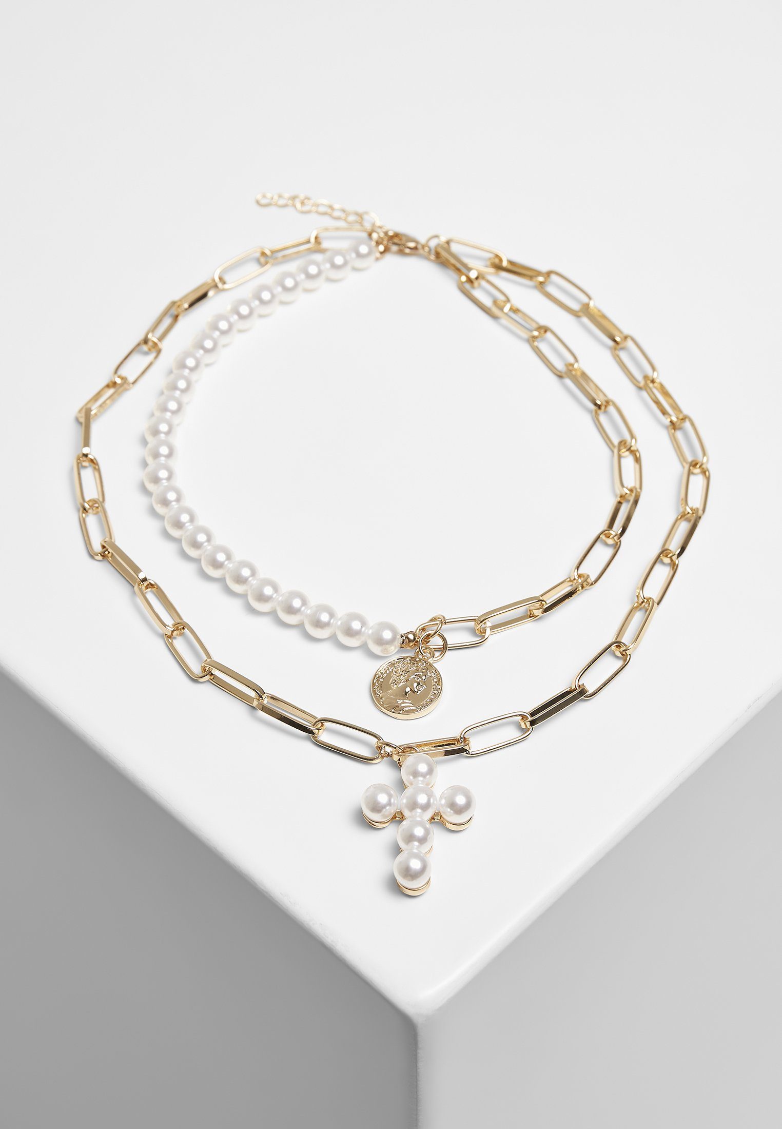 URBAN CLASSICS Edelstahlkette Accessoires Pearl Cross Layering Necklace