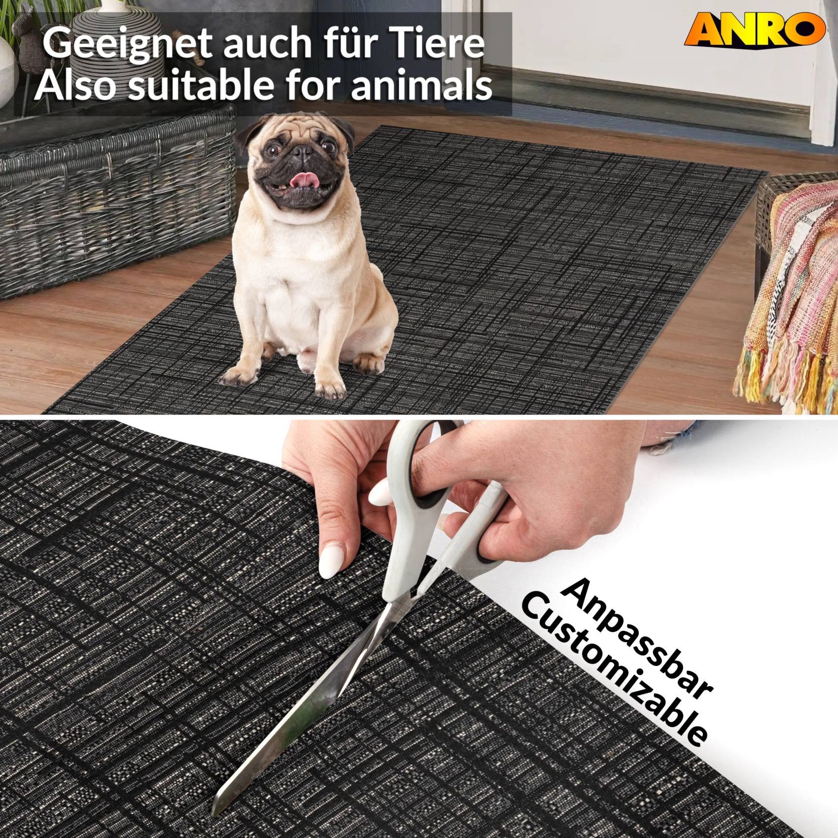 ANRO Läufer LUIGI Leinensstyle pflegeleicht hochwertig Flurläufer Küchenteppich, eckig, Höhe: 3 mm, Teppichläufer 100cm Einfarbig,uni,Meliert Anthrazit wasserdi – Bild 4 von 5