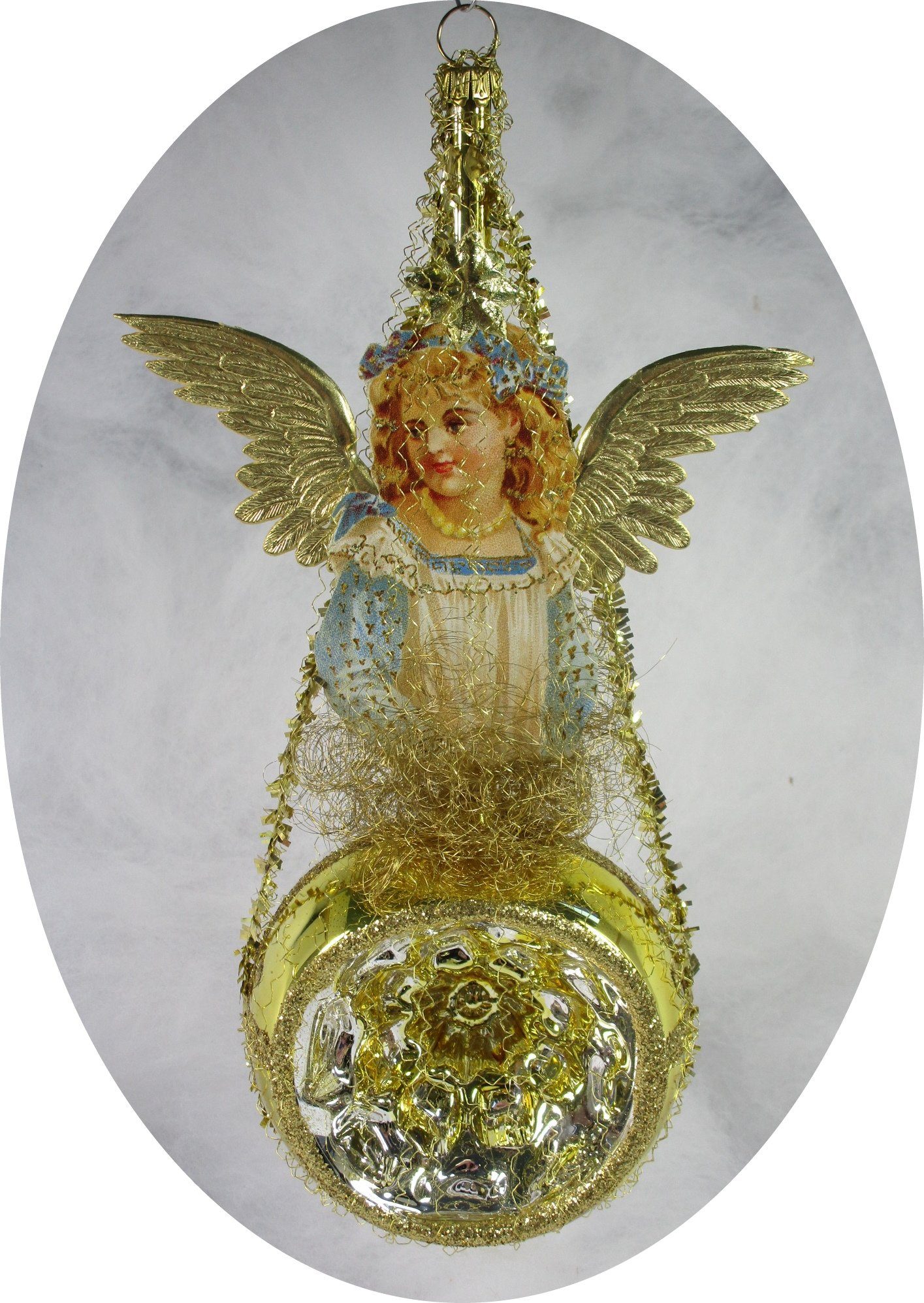 Nostalgie Christbaumschmuck Thüringen Christbaumschmuck Viktorianisches  Ornament, Gold, mit Reflexkugel und Engel (1-tlg), Viktorianisches  Ornament, Gold, mit Reflexkugel und Engel