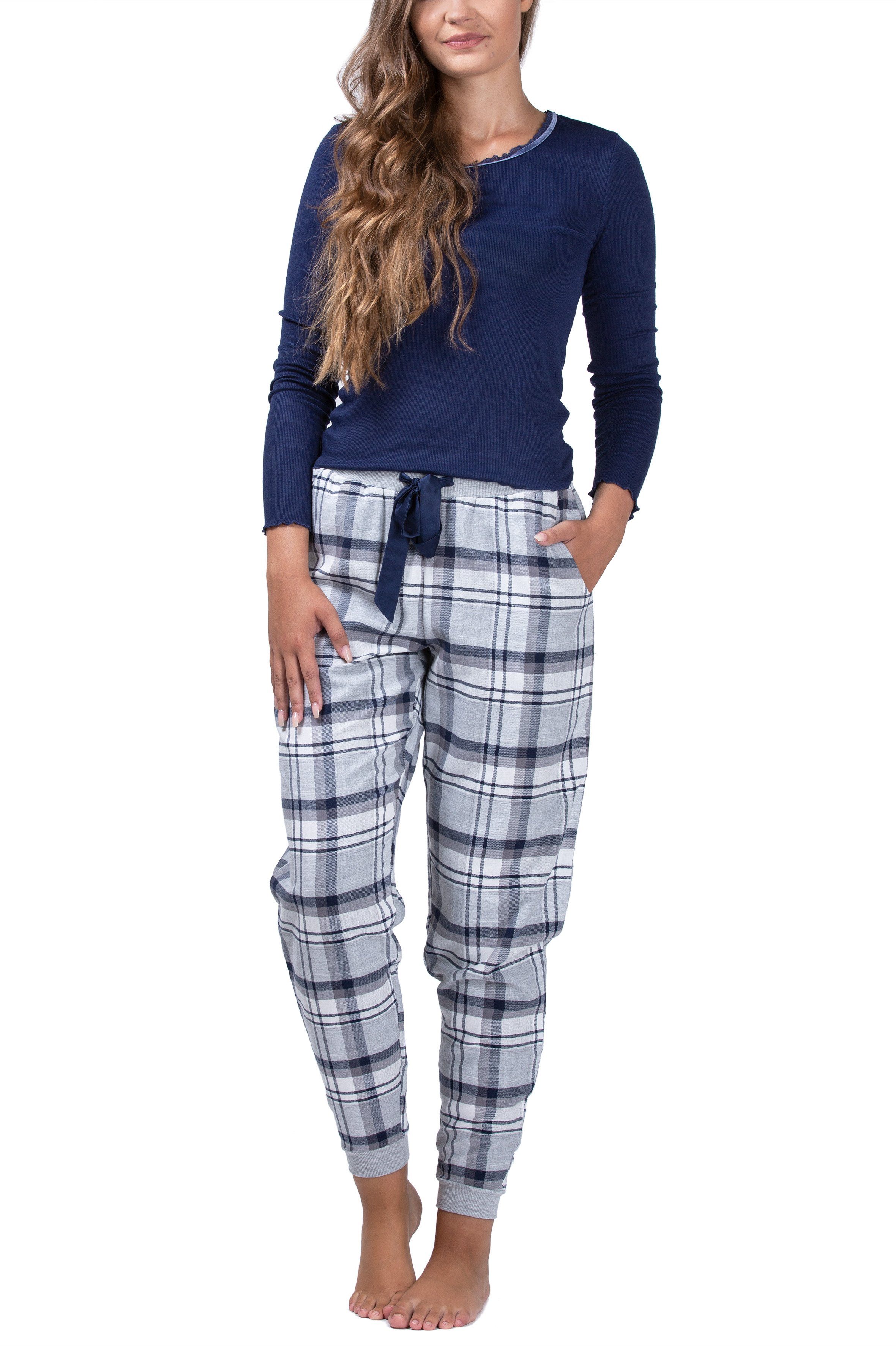 maluuna Pyjama Damen Schlafanzug mit Flanellhose und Bündchen navy | Pyjamas