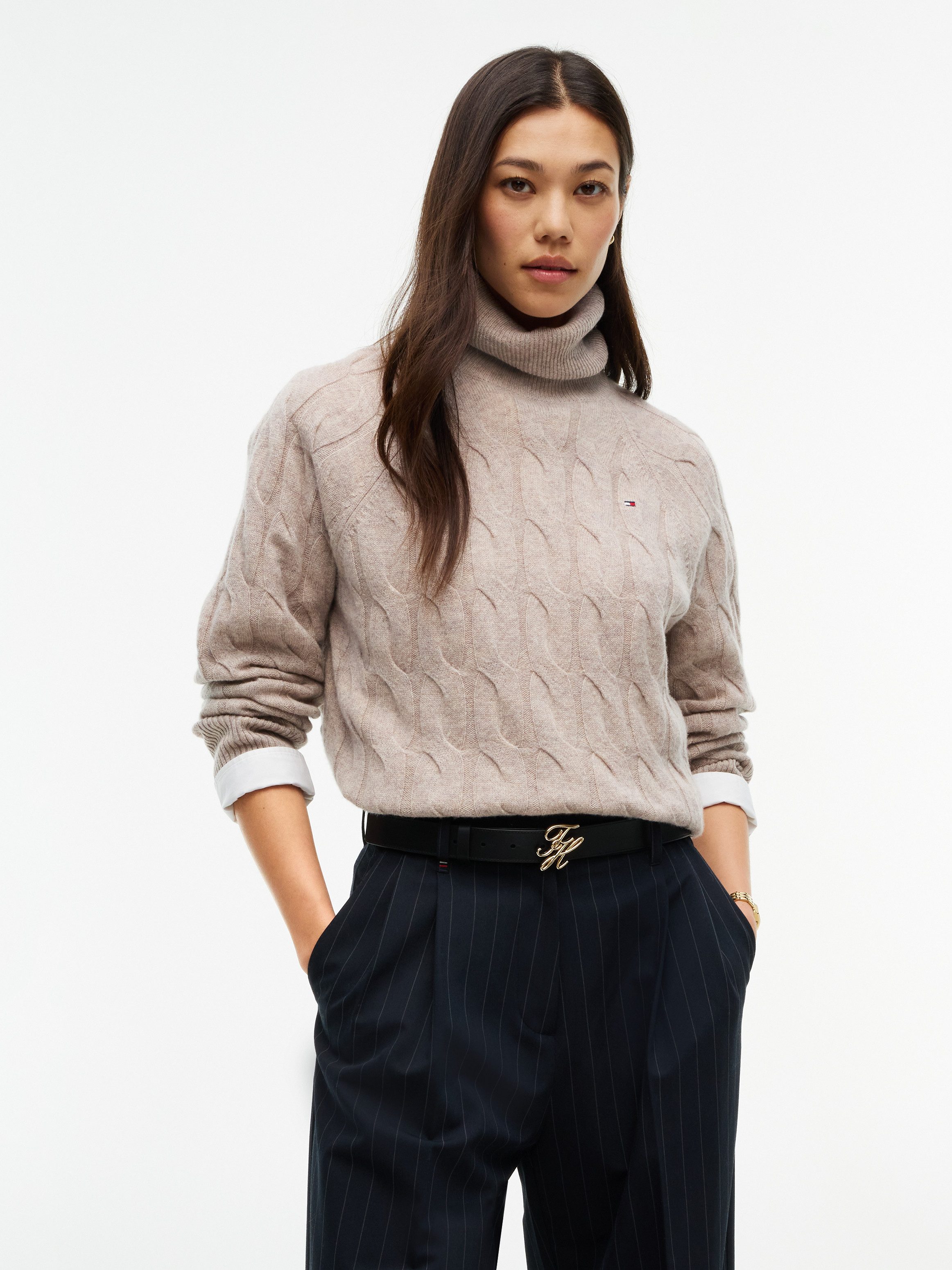 Tommy Hilfiger Rollkragenpullover SOFT WOOL CABLE ROLL-NK LS SWT Wolle, mit Zopfmuster