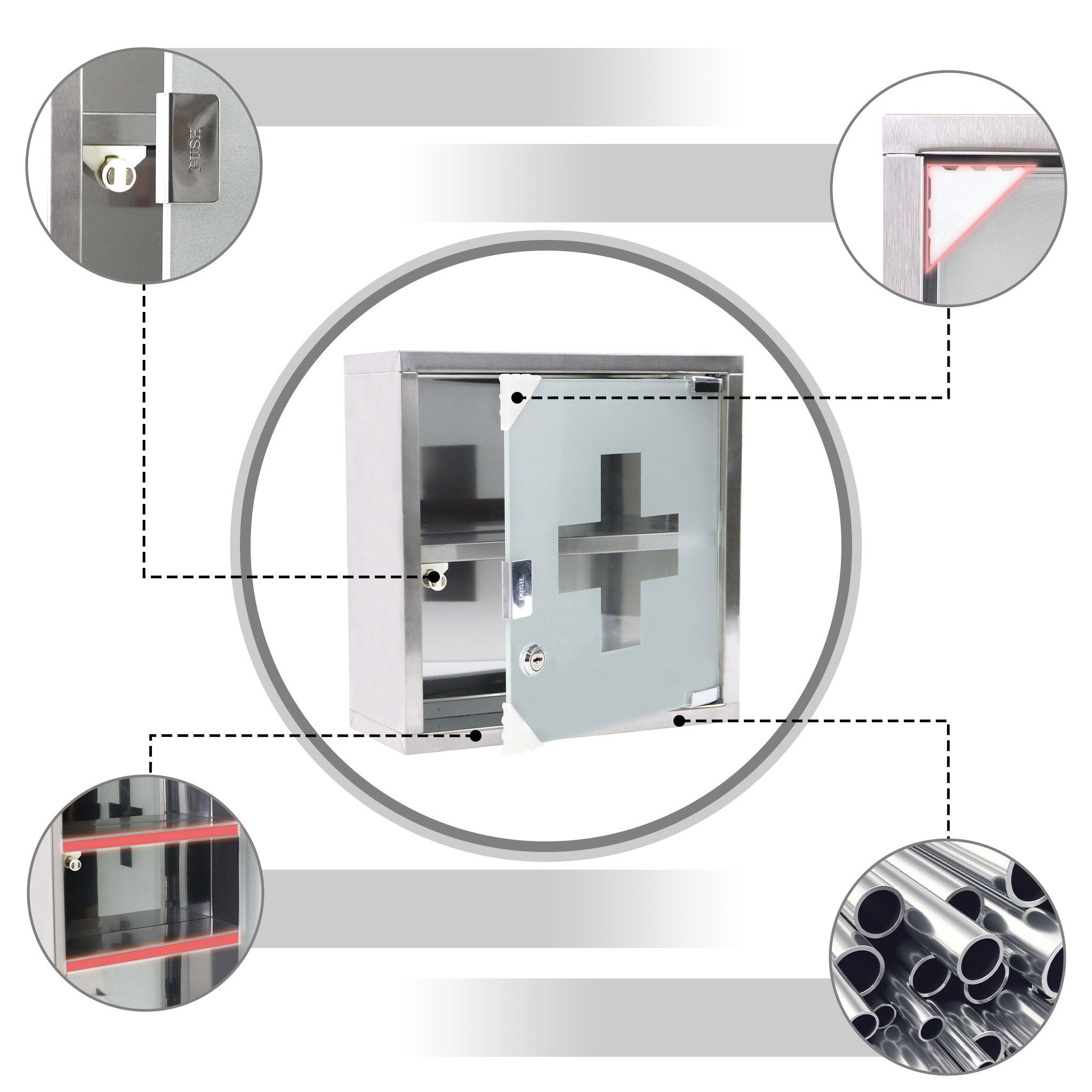 FIVMEN Medizinschrank Abschließbar Edelstahl Apothekerschrank Medikamentenschrank mit Tür (2 Fächer / 3 Fächer / 4 Fächer) für Hausgebrauch Pharmazeutische Erzeugnisse Arzneimittel Lagerung