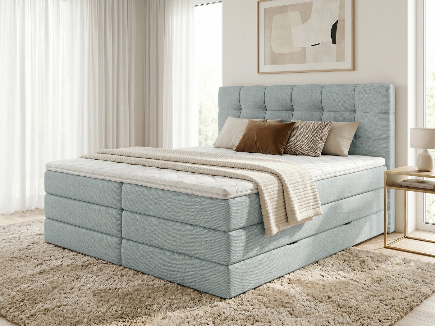 Sofnet Boxspringbett Best XL (2x Bettkästen, Bonellfederkern- und Taschenfederkernmatratze, Topper), Polsterbett, Doppelbett, Webstoff, mit Kopfteil, 140/160/180x200 cm