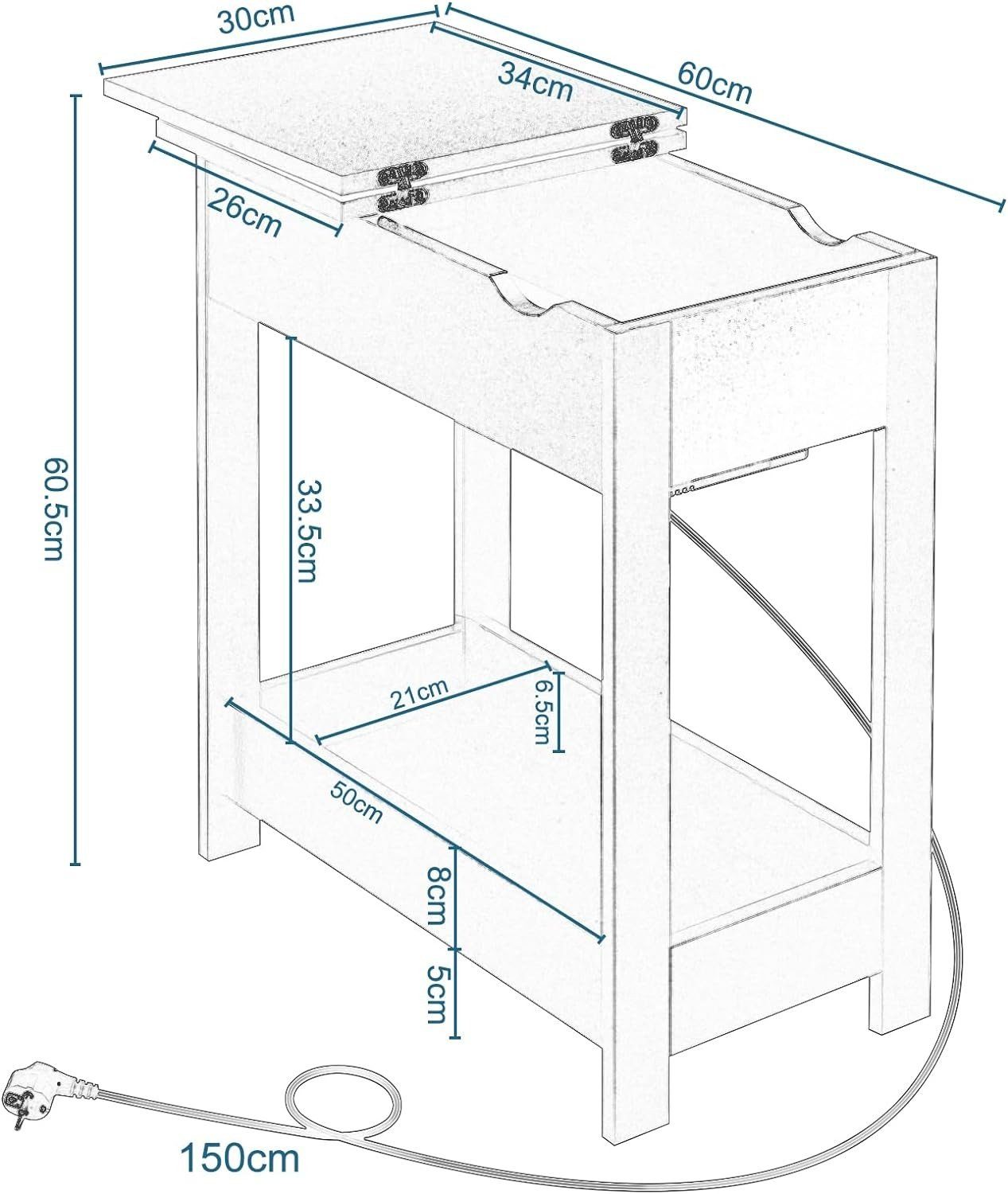 EUGAD Beistelltisch (1-St), mit Steckdose, klappbare Tischplatte, 3 Ablageflächen
