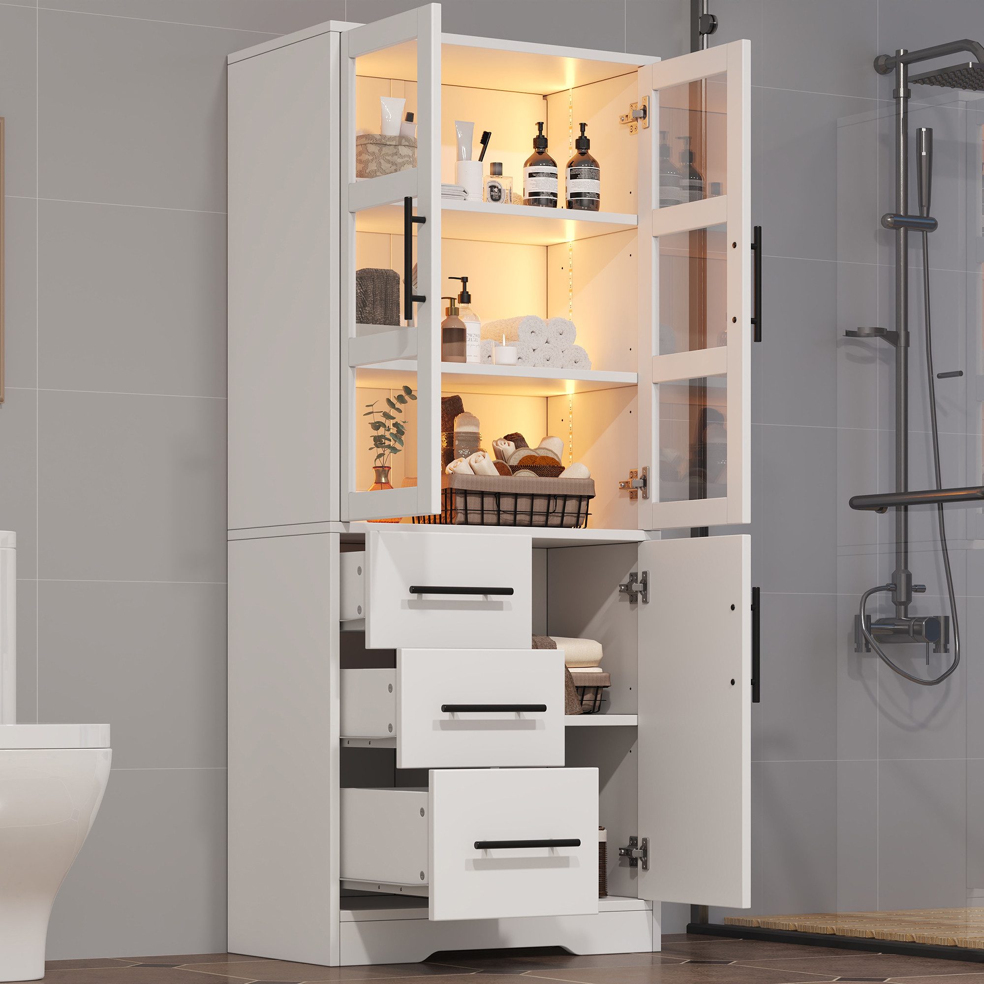 Flieks Hochschrank Badkommode Glasvitrine mit LED-Beleuchtung & Glastüren & Schubladen (1-St., 72x35x170 cm) Bücherregal Mehrzweckschrank mit verstellbarer Einlegeböden Weiß