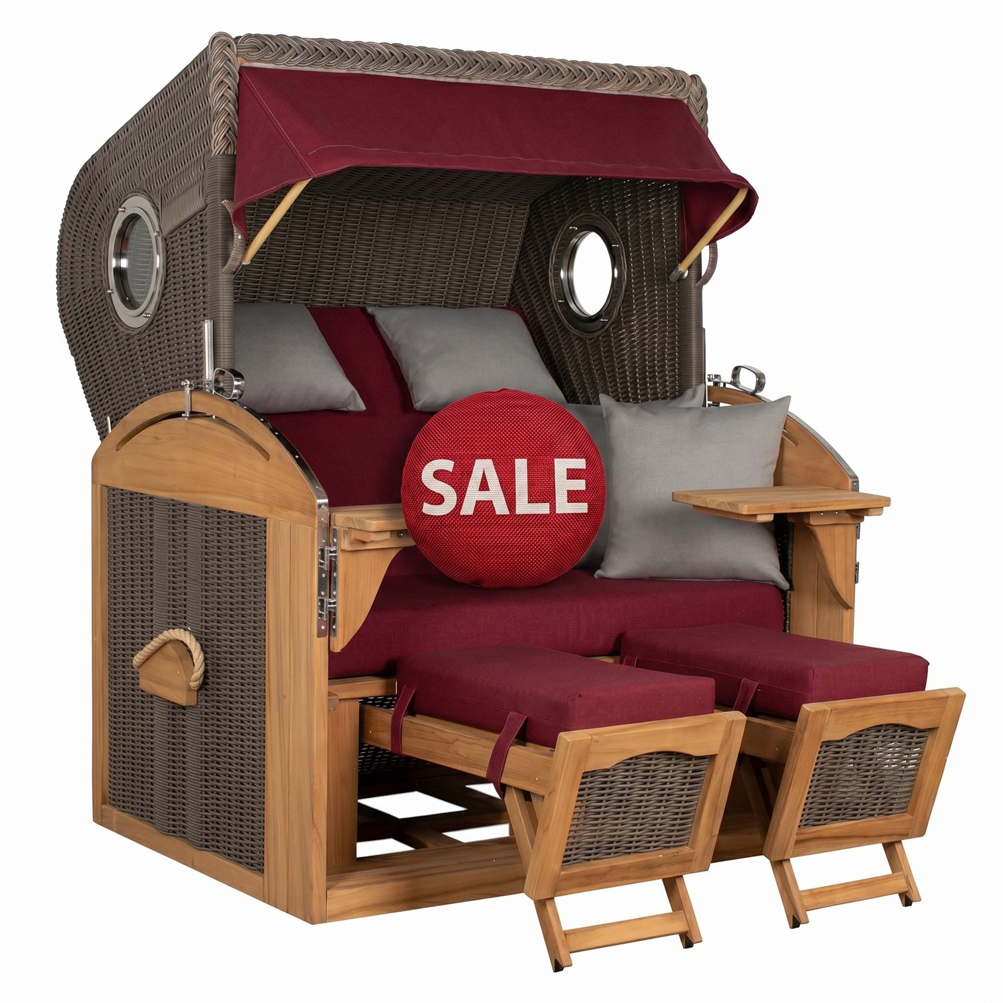 MR.DEKO Strandkorb XL Schillig Volllieger Teak PE Grey 2,5-Sitzer Bullauge, BxTxH: 142x95x170 cm, Vollieger, Schillig XL, (bereits montiert, ideal für Garten, Terasse und großen Balkon, 1-tlg), 2,5 Sitzer Strandkorb XL, Vollieger verstellbar