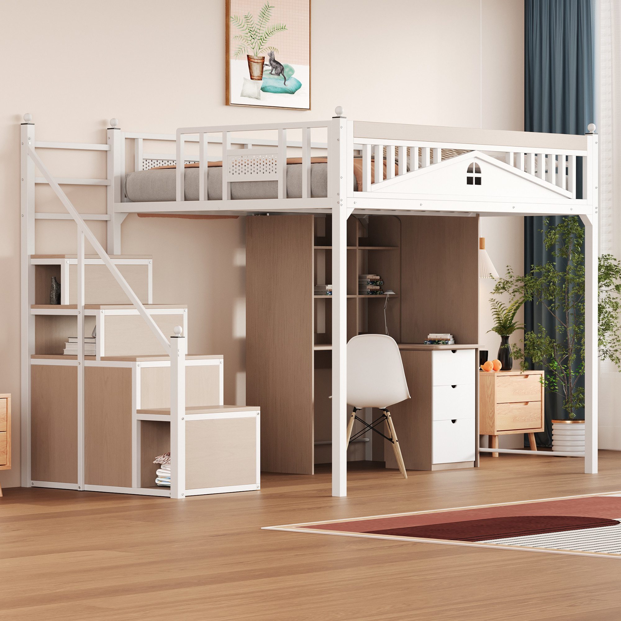 Flieks Hochbett Metallbett Kinderbett 140x200cm mit Stauraumtreppe und Sich günstig online kaufen