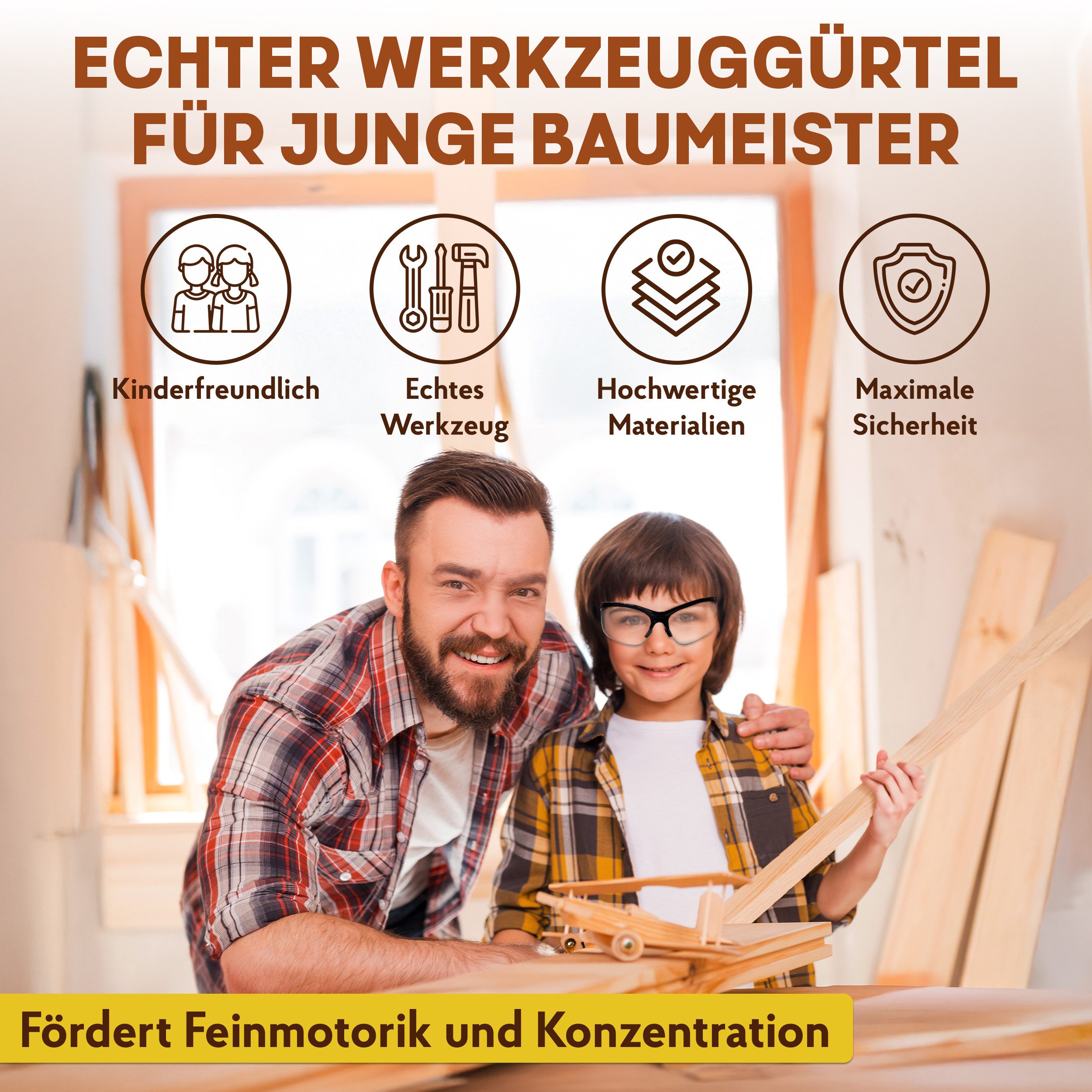 Eli Kinder-Werkzeug-Set Werkzeuggürtel - hochwertiges echtes Kinderwerkzeug - Multitool, (inkl. Sicherheitsbrille und Handschuhe, 13-tlg., Baumeister und Bauarbeiter), STARKES GESCHENK