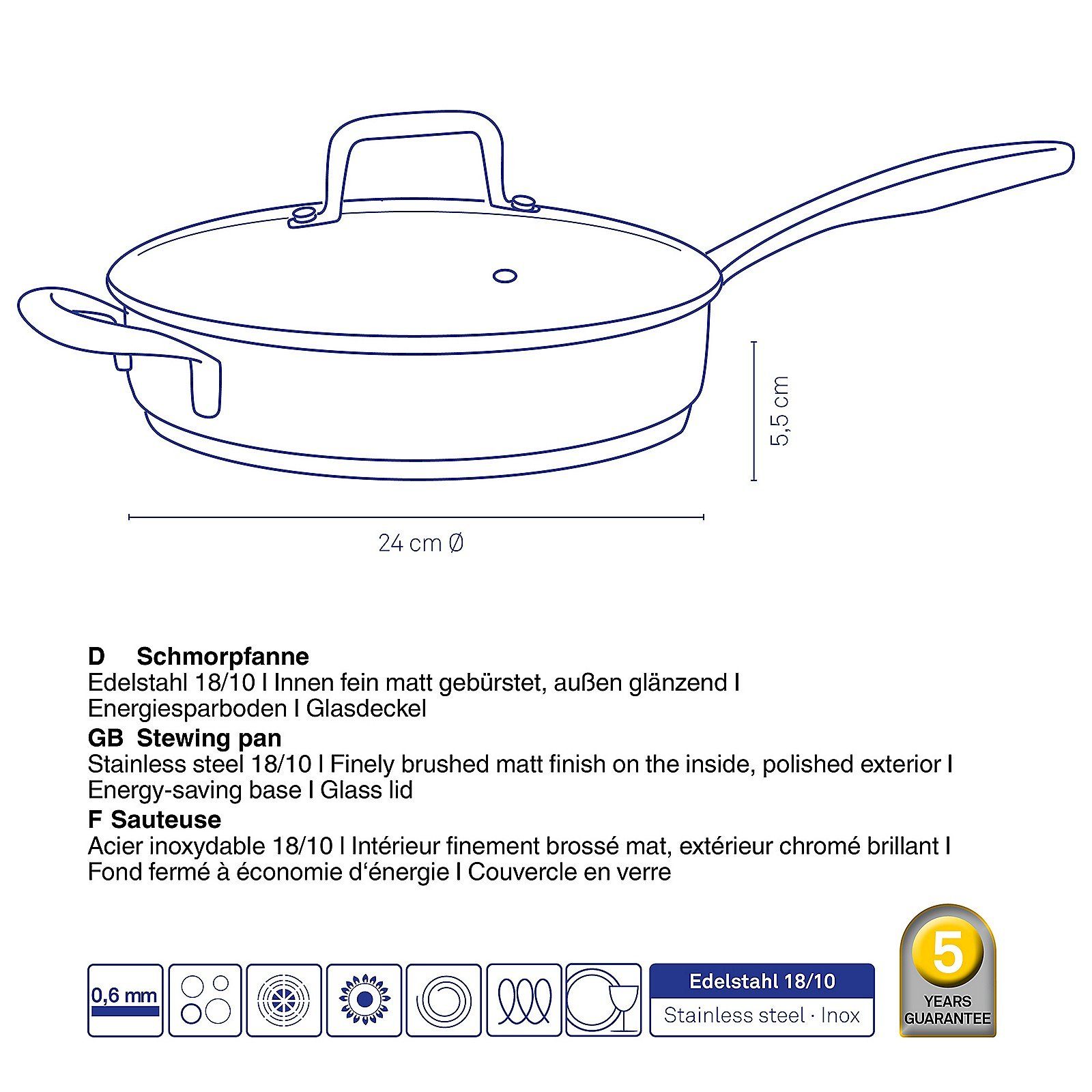 Edelstahl Flavoria, Allherdboden, Bratpfanne Glasdeckel kela 180°C Schmorpfanne, mit 18, Auslassventil, bis 10,