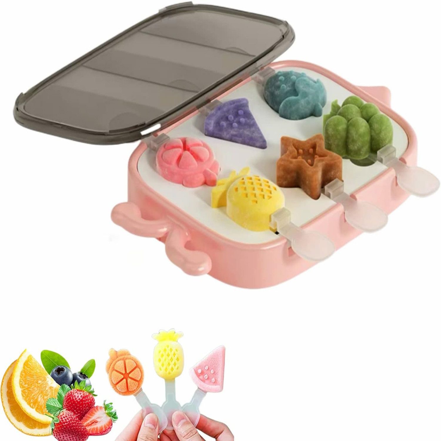 yozhiqu Eisform Eisformen,6 kleine Eis am Stiel-Formen,Mini-EisFormen mit Tierfrüchten, für Kinder, BPA-frei, Eis am Stiel-Formen mit Stäbchen und Deckel