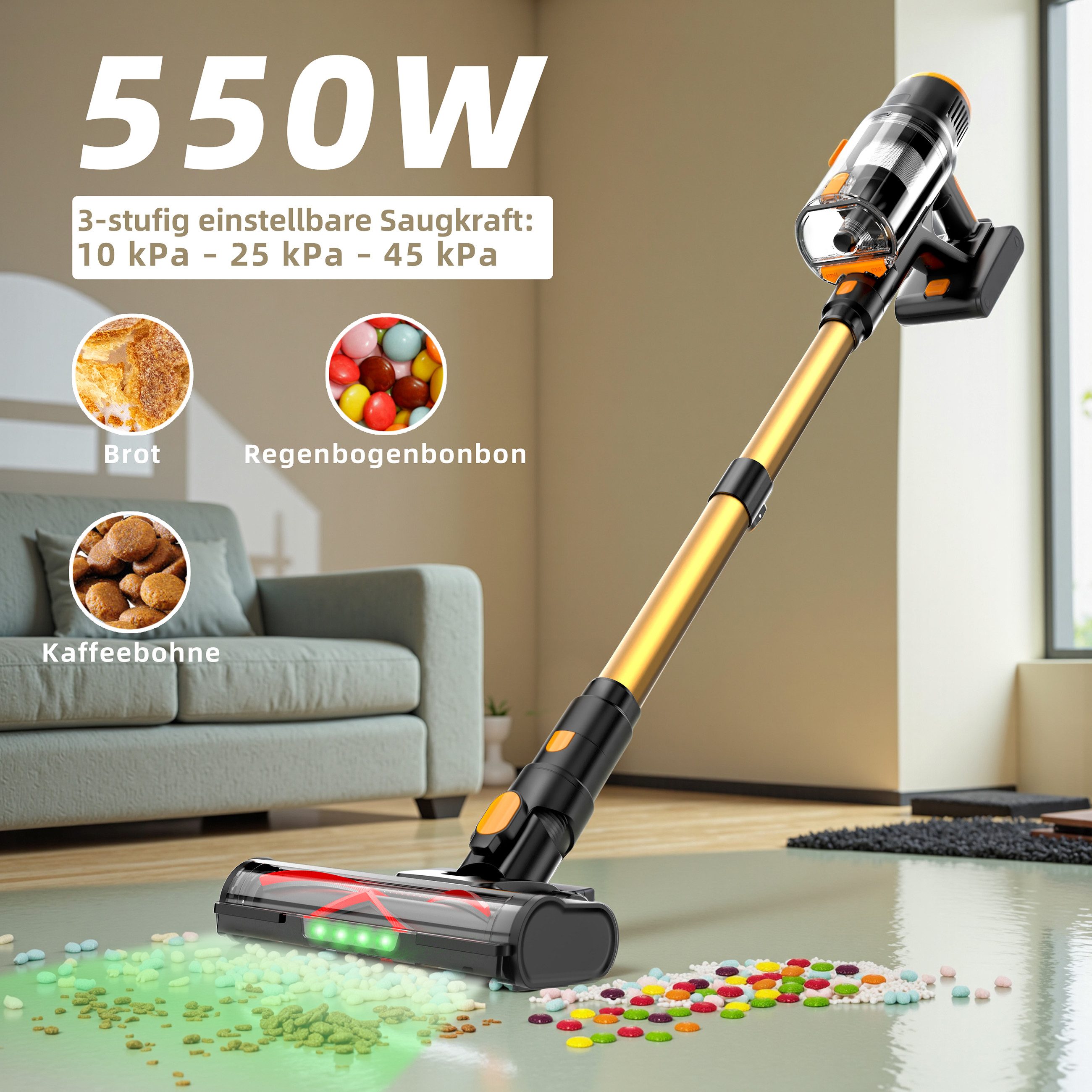 Blossom Hand-und Stielstaubsauger stielstaubsauger ohne kabel DSV112A Akku-Hand-und Stielstaubsauger, beutellos, 55kpa 550W Stielstaubsauge Staubsauger kabellos,65 min, Gelb
