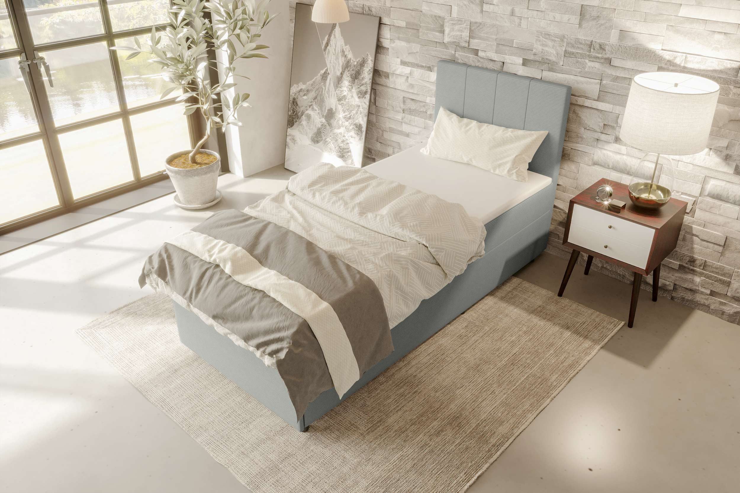 99rooms Boxspringbett Kira Mini (Schlafzimmerbett, Bett), 90/120x200 cm, in Cordstoff POSO, mit Topper, Stauraum als Frontauszug