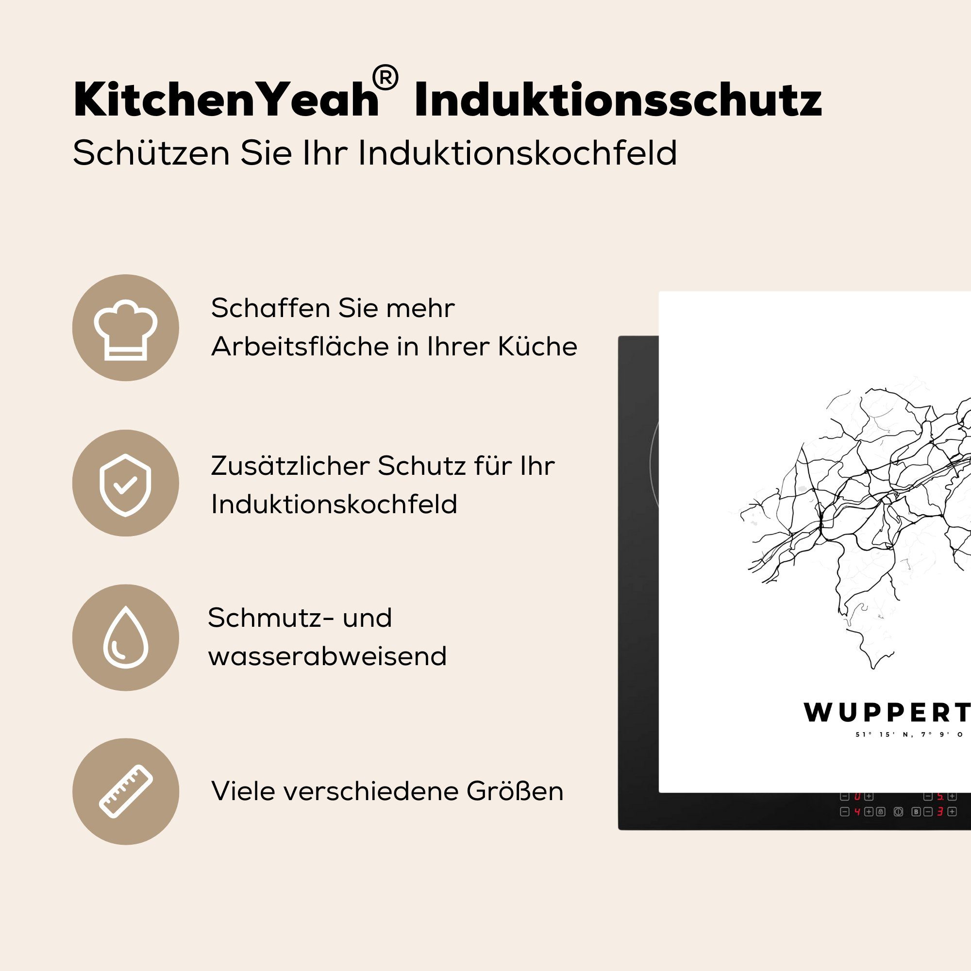 küche 78x78 Wuppertal für - Deutschland - Vinyl, Ceranfeldabdeckung, Karte, - Schwarz-weiß (1 cm, Arbeitsplatte Herdblende-/Abdeckplatte MuchoWow - Stadtplan tlg),