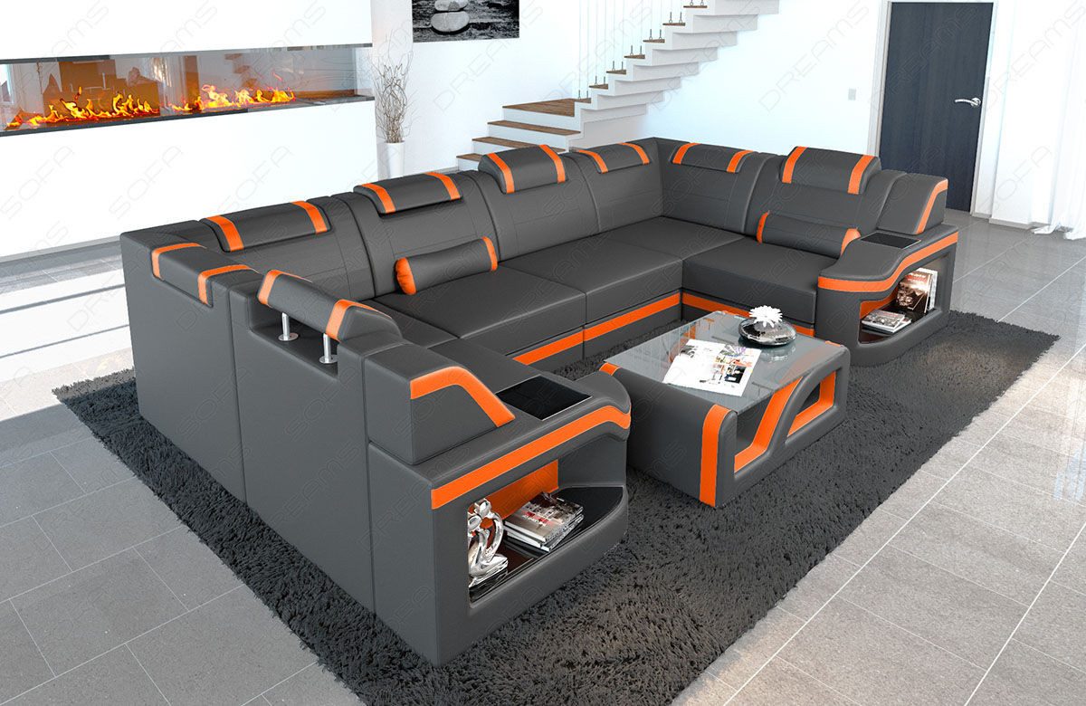Sofa Dreams Wohnlandschaft Ledersofa Padua U Form Mini, Designersofa, Sofa mit Beleuchtung und USB