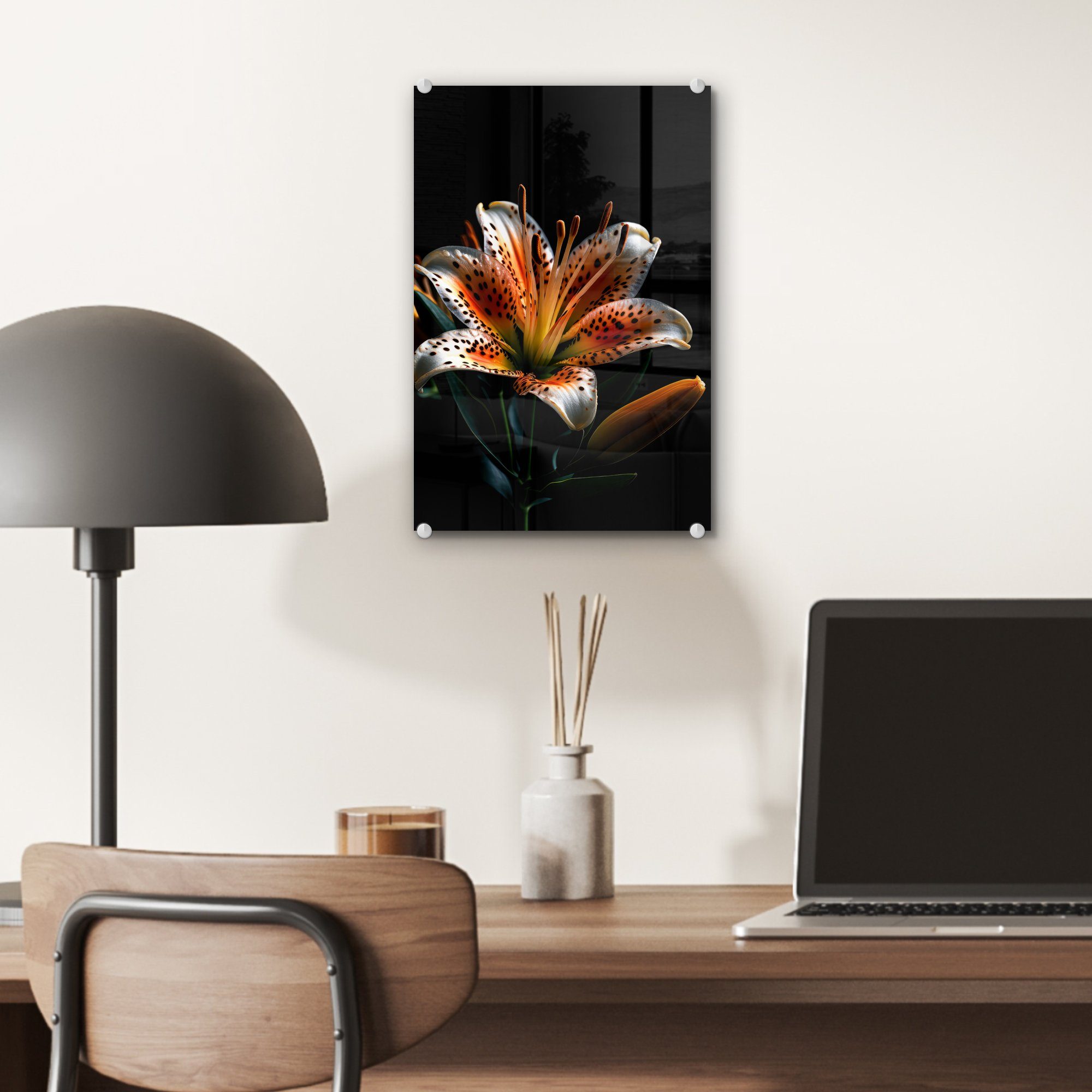 - - Bilder - Wandbild - Glas (1 Schwarz, - auf Orange Acrylglasbild Wanddekoration Glasbilder Porträt St), Blumen Lilie - Foto - Glas MuchoWow auf
