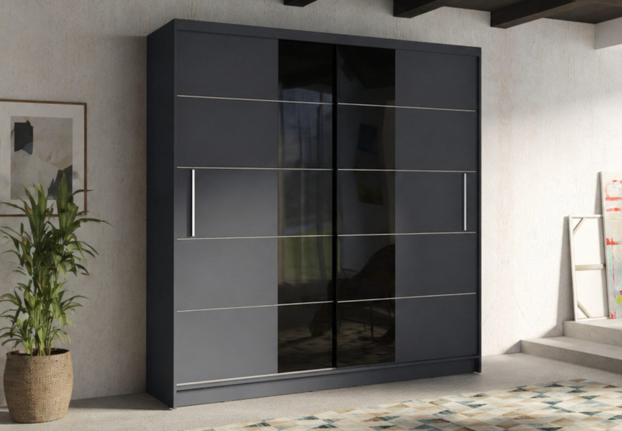 Home Collective Schwebetürenschrank Kleiderschrank Schlafzimmer Schrank mit Schiebetür Garderobe (Maße B/H/T: 200 x 215 x 60 cm) 2-türig 4 Böden & 2 Kleiderstangen für viel Stauraum, graphit