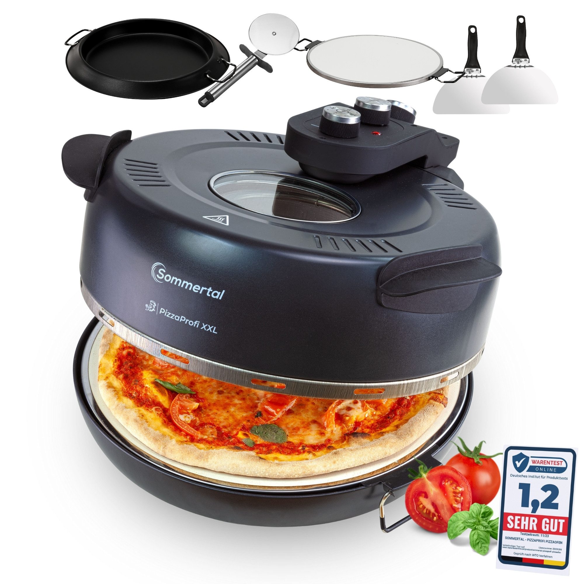 Sommertal Pizzaofen Sommertal PizzaProfi XXL Pizzaofen, 39cm Pizzastein, mit Pfanneneinsatz, 2x Pizzaschieber, Pizzaschneider, Steinplatte