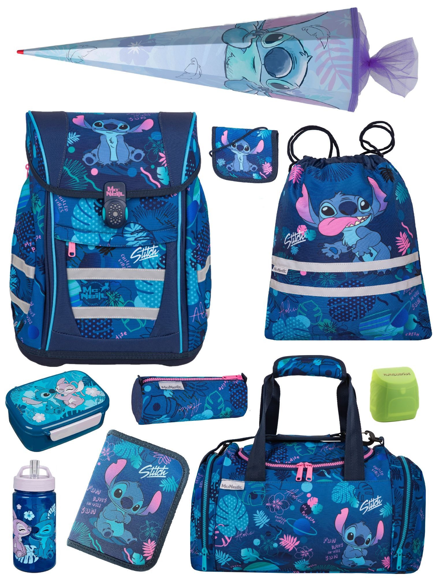 McNeill Schulranzen Schulranzen Disney Stitch Schultaschen Set Mädchen 1. Klasse (Komplett-Set, 10-tlg., inkl. Lunch-Set, Sporttasche & Schultüte / Zuckertüte), mit Brustgurt, 980 Gramm leicht, 18L Volumen