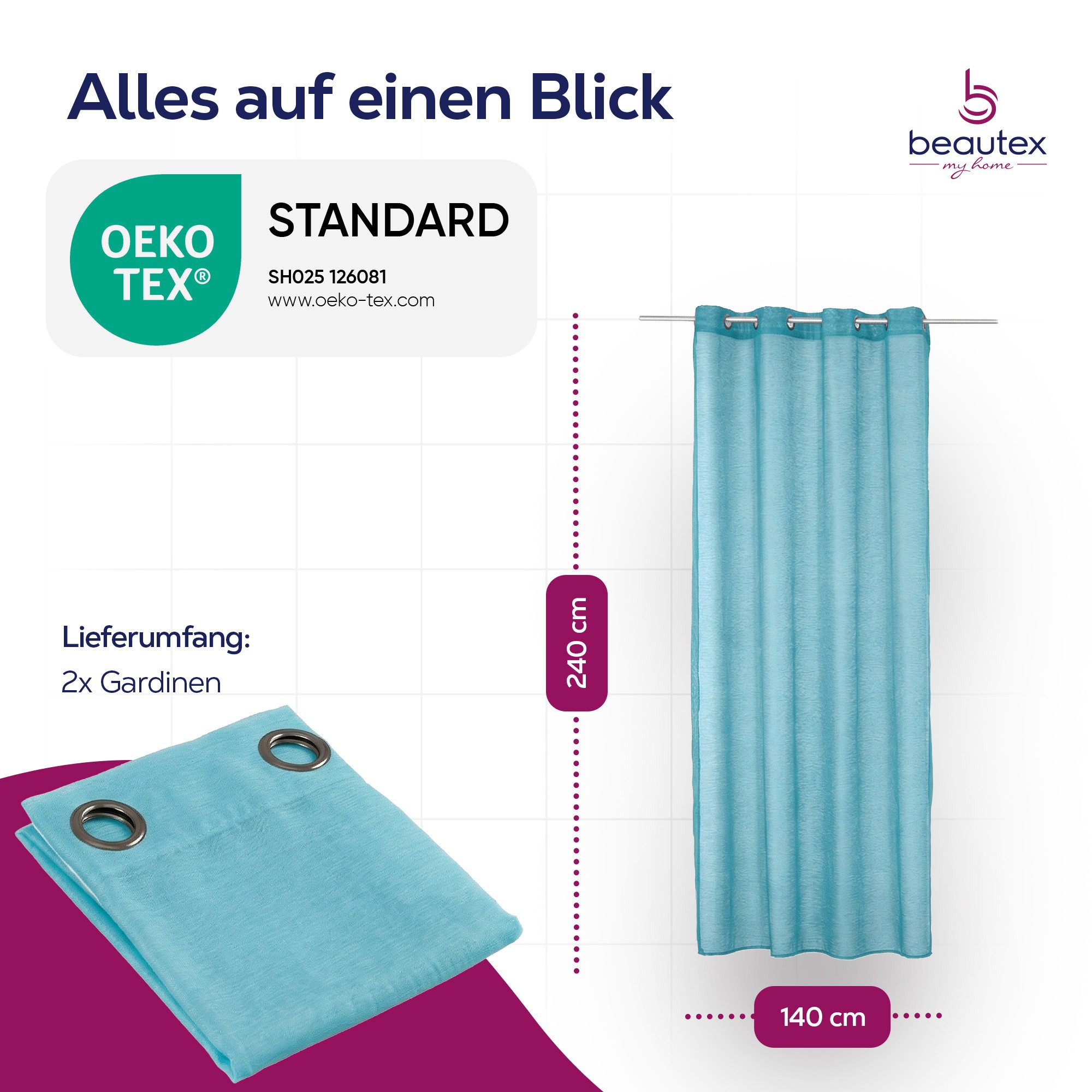 Beautex Gardine transparent Dolly, wählbar mit Kräusel- und Ösen- Aufhängung (2 St), Ösen, transparent