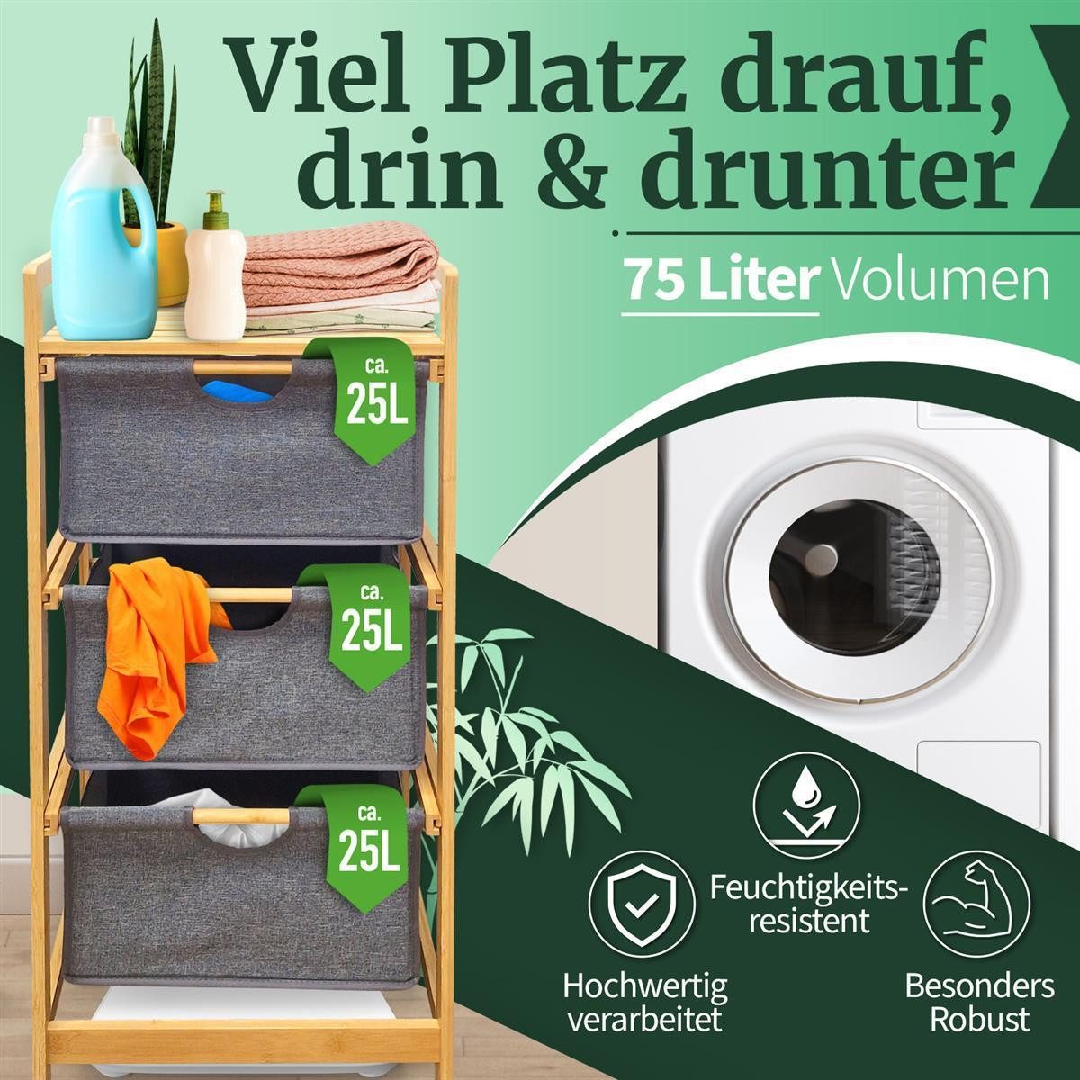 HEIMWERT Wäschekorb Wäschekorb Regal 3 Fächer Wäschesortierer Wäschesammler, 44 x 34,5 x 96 cm groß für Badezimmer und Schlafzimmer – Bild 4 von 5