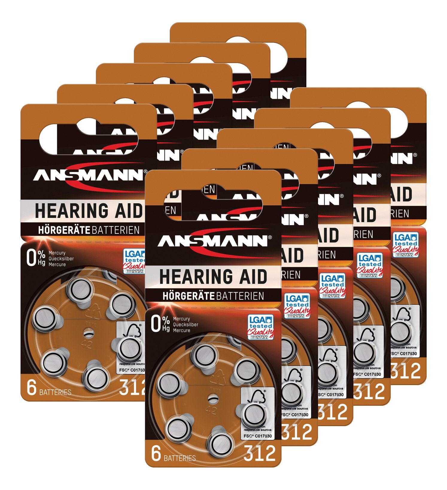 ANSMANN® Typ 312 Hörgerätebatterien Braun 60 Stück - P312 ZL3 PR41  Knopfzelle