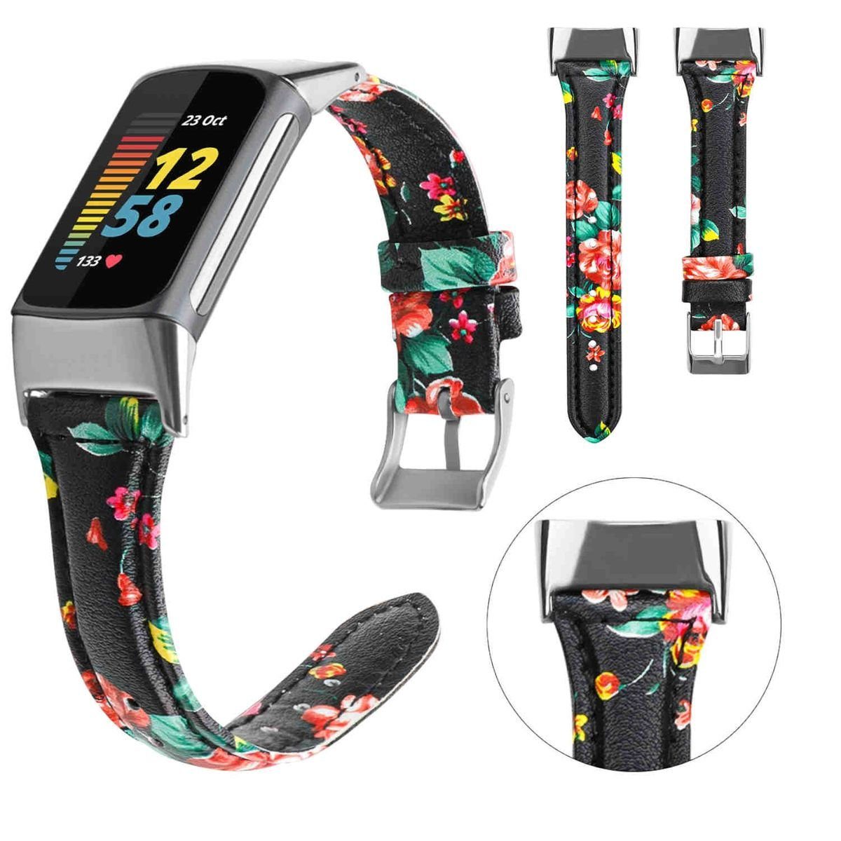 Wigento Smartwatch-Armband Für Fitbit Charge 6 / 5 Leder Uhr Watch Sport Armband Frauen Größe S