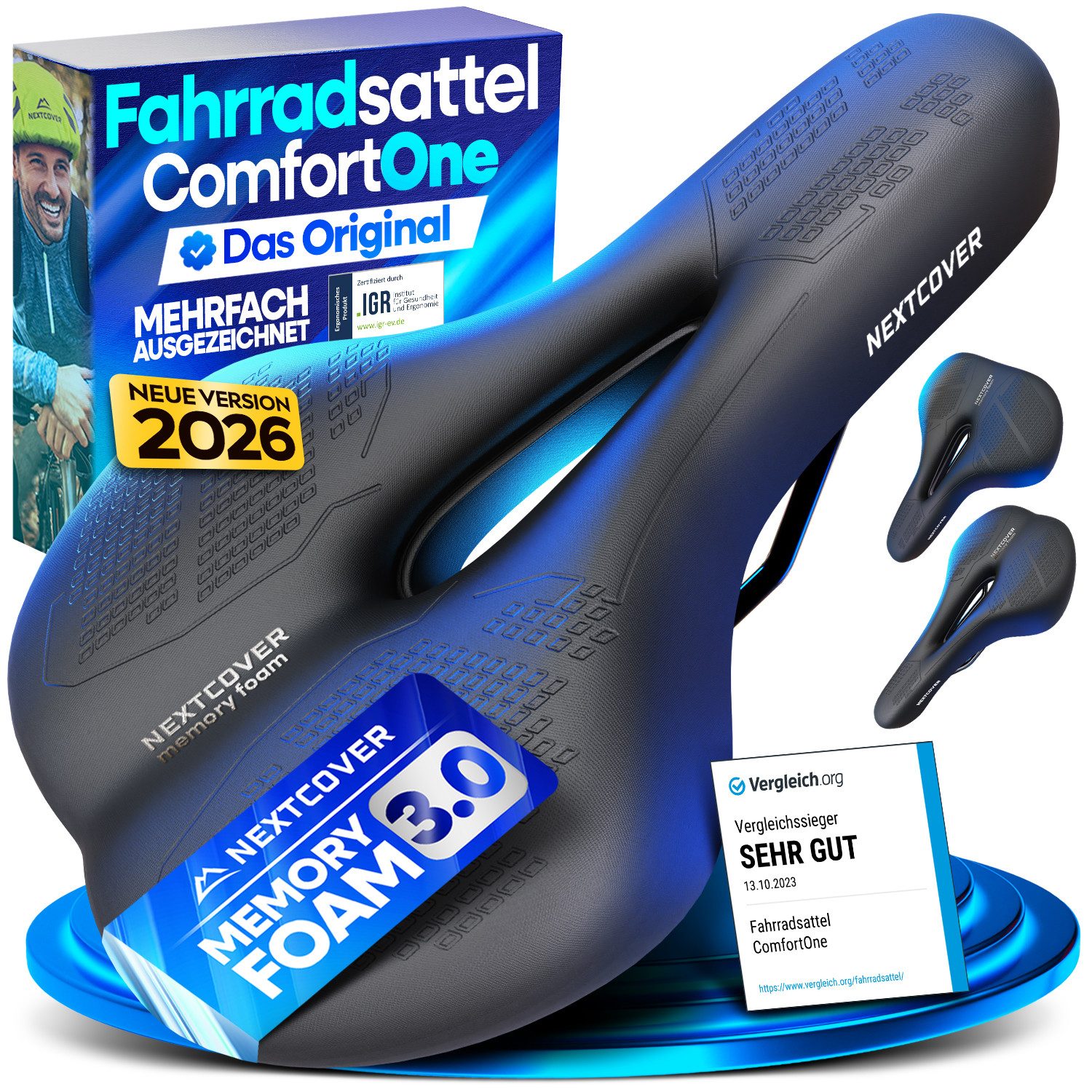Nextcover Fahrradsattel ComfortOne Memory Foam & Entlastungskanal, für E-Bike, Damen & Herren