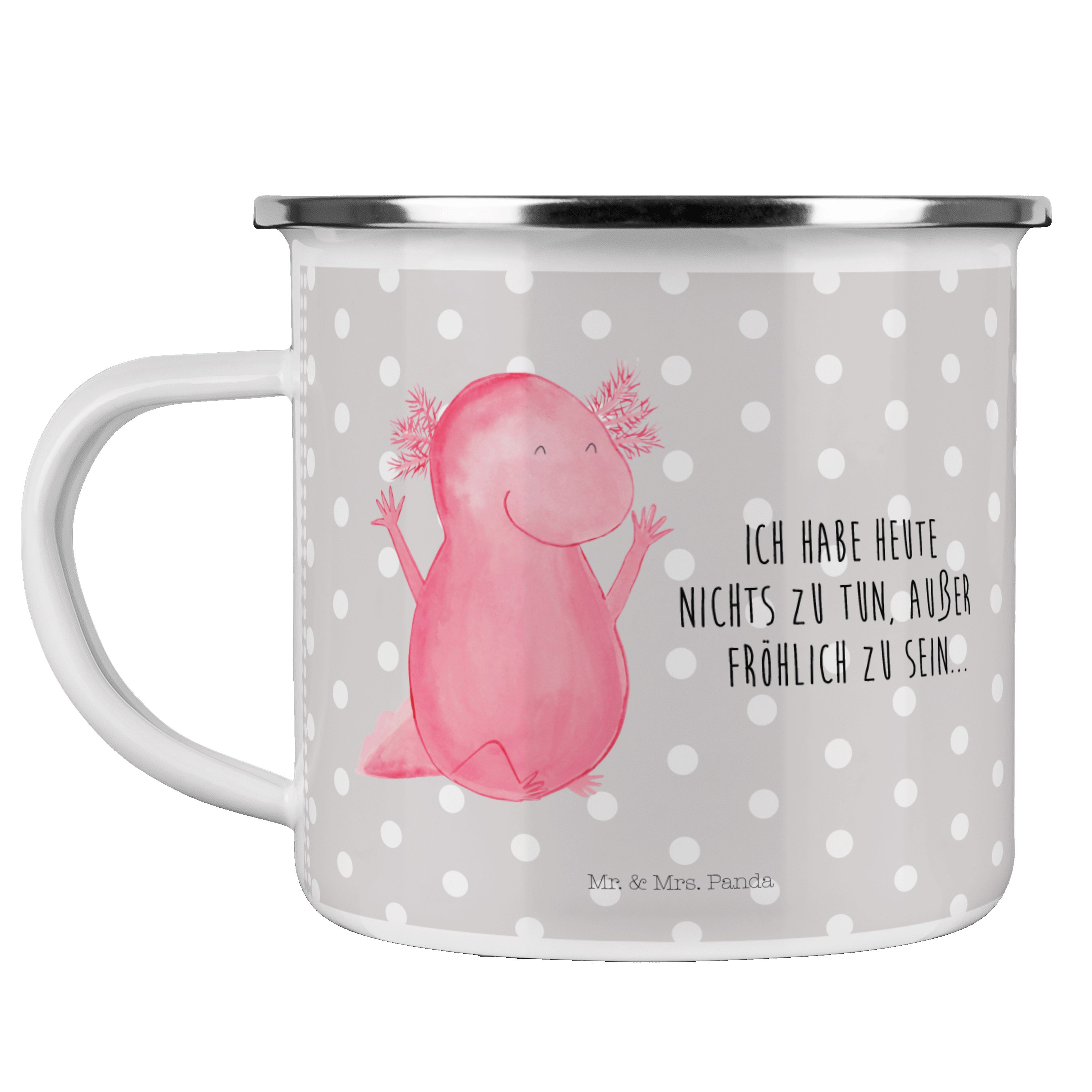 Mr. & Mrs. Panda Becher Axolotl Hurra - Grau Pastell - Geschenk, Kaffee Blechtasse, Freude, M, Emaille