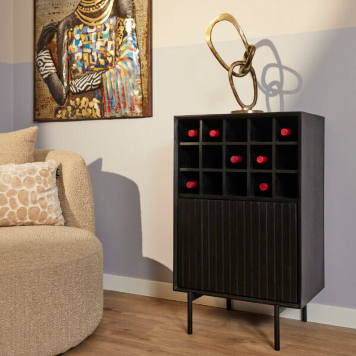 Villa Möbel Weinschrank (Packung, 1-St., 1 St. Weinschrank) aus Mangoholz Schwarz Metallrahmen für 15 Flaschen