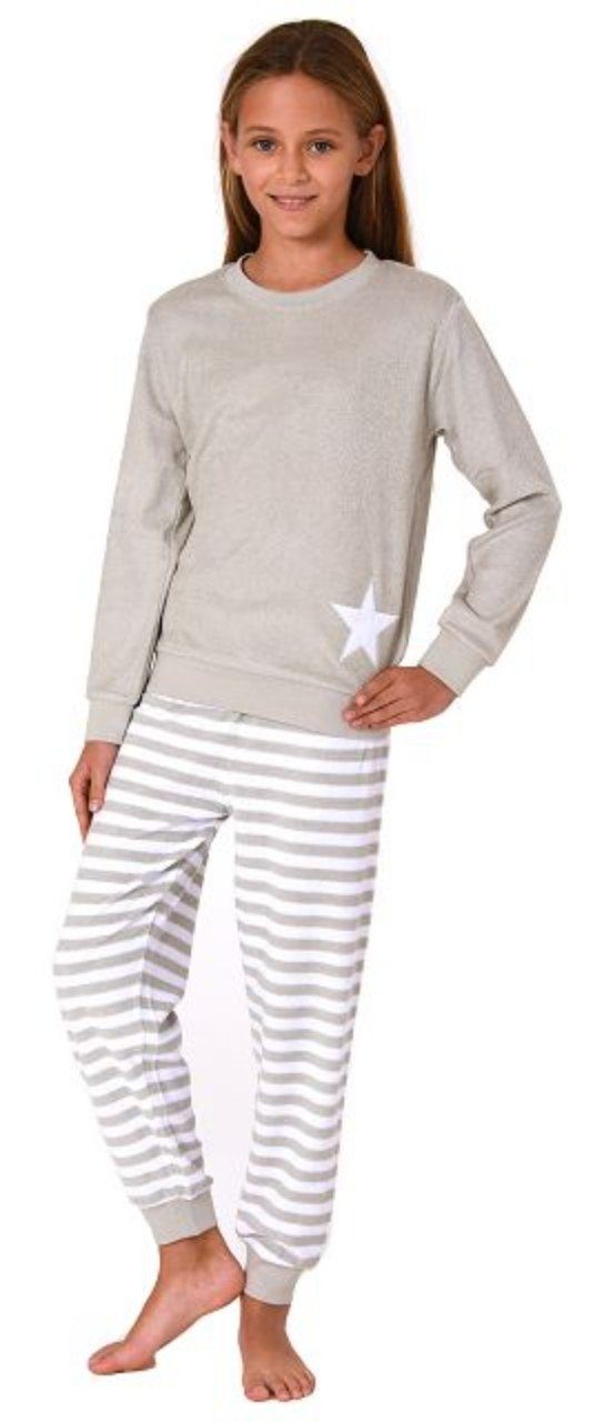 in Schlafanzug Mädchen grau-mel. Normann Sterne-Optik Pyjama mit Kuscheliger Bündchen Frottee