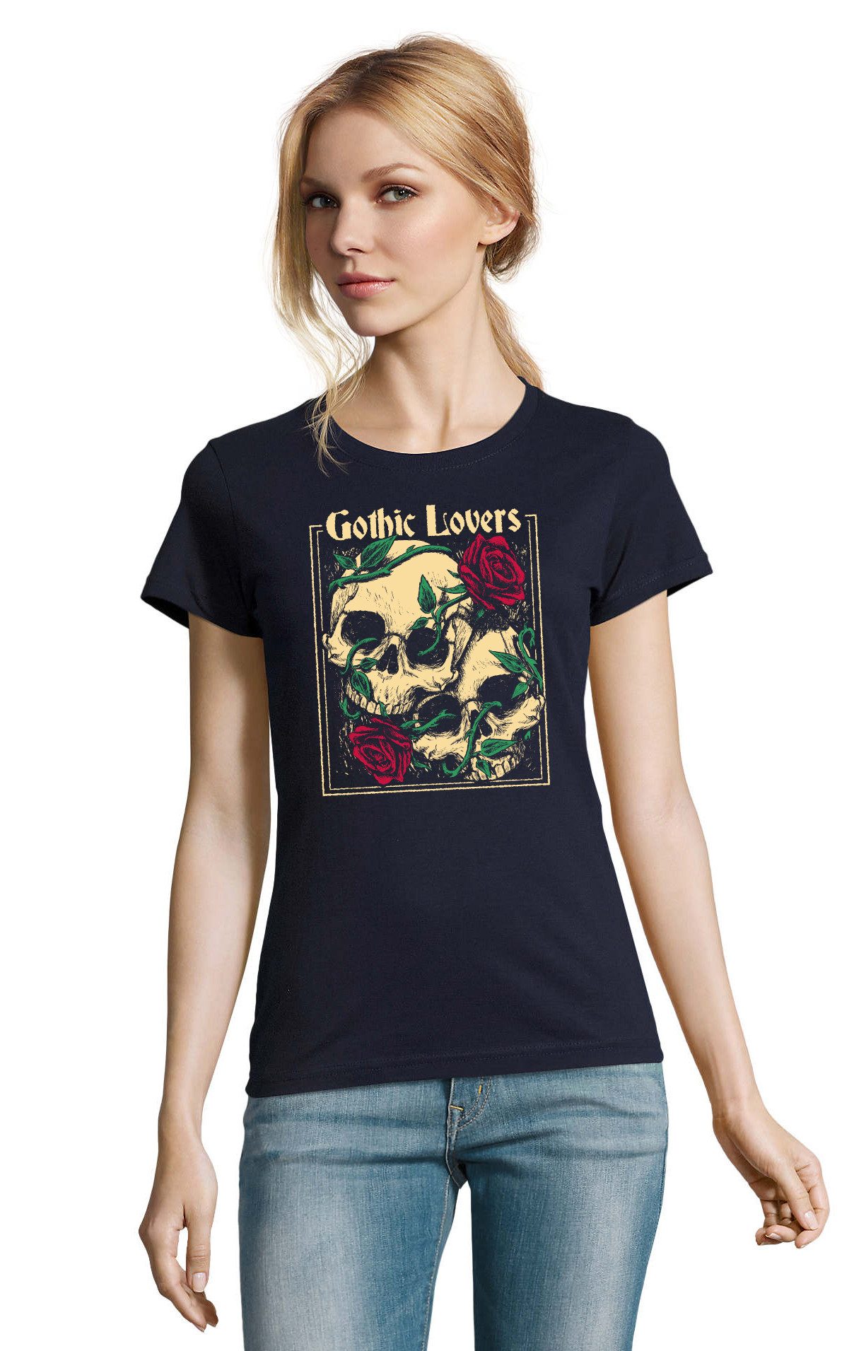 T-Shirt Damen Gotik Gothik Rose Print Romantik Fan Shirt