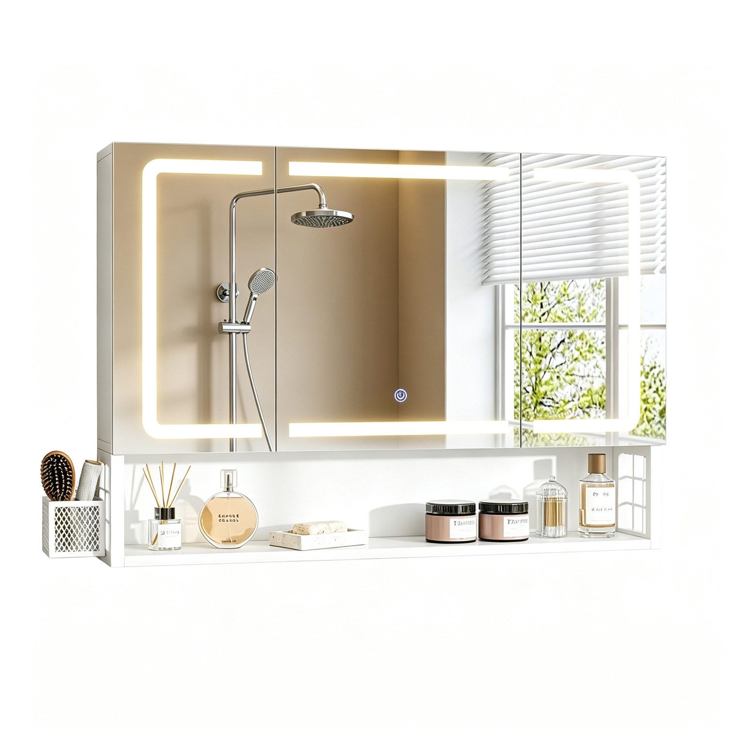 MSMASK Spiegelschrank mit LED-Beleuchtung und Steckdose, Badezimmerschrank mit verstellbarer Ablage, dimmbar, 60×17×60 cm