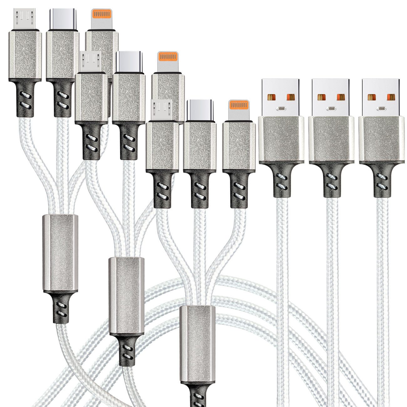 shop'n smile ideoon 3in1 Universal USB-Schnellladekabel, 25W Micro-USB, USB-C & Lightning USB-Ladegerät (3-tlg., 1er-Set & 2er-Set & 3er-Set, 3in1 Ladekabel 120cm / 25W Schnellladefunktion & Textilummantelung)
