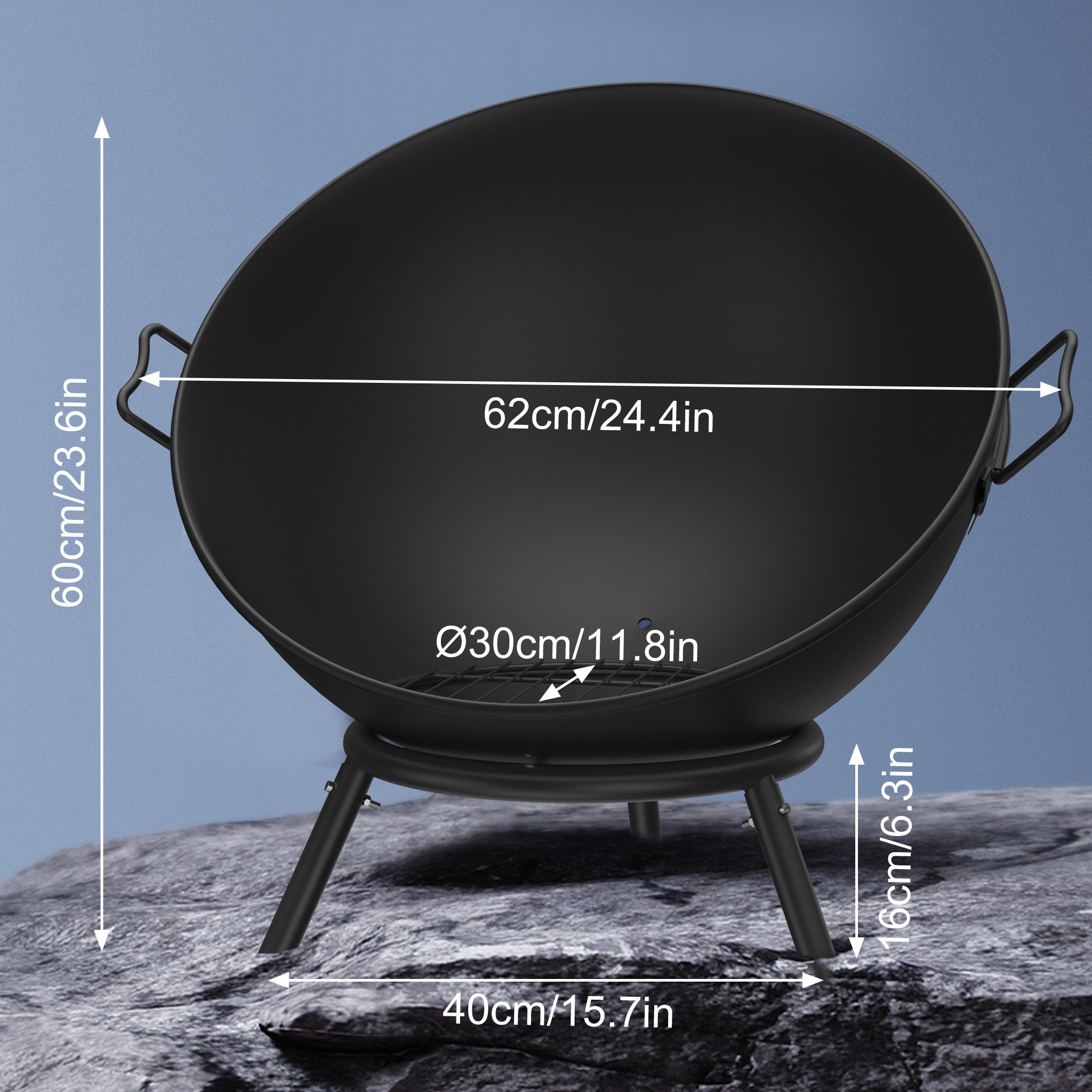 FIVMEN Feuerschale Feuerkorb Kippbare Ø 60cm Feuerstelle mit 3 Dreibein Kohlerost, Feuerkugel Feuertonne Gartefeuer Multifunktional Fire Pit für Heizung