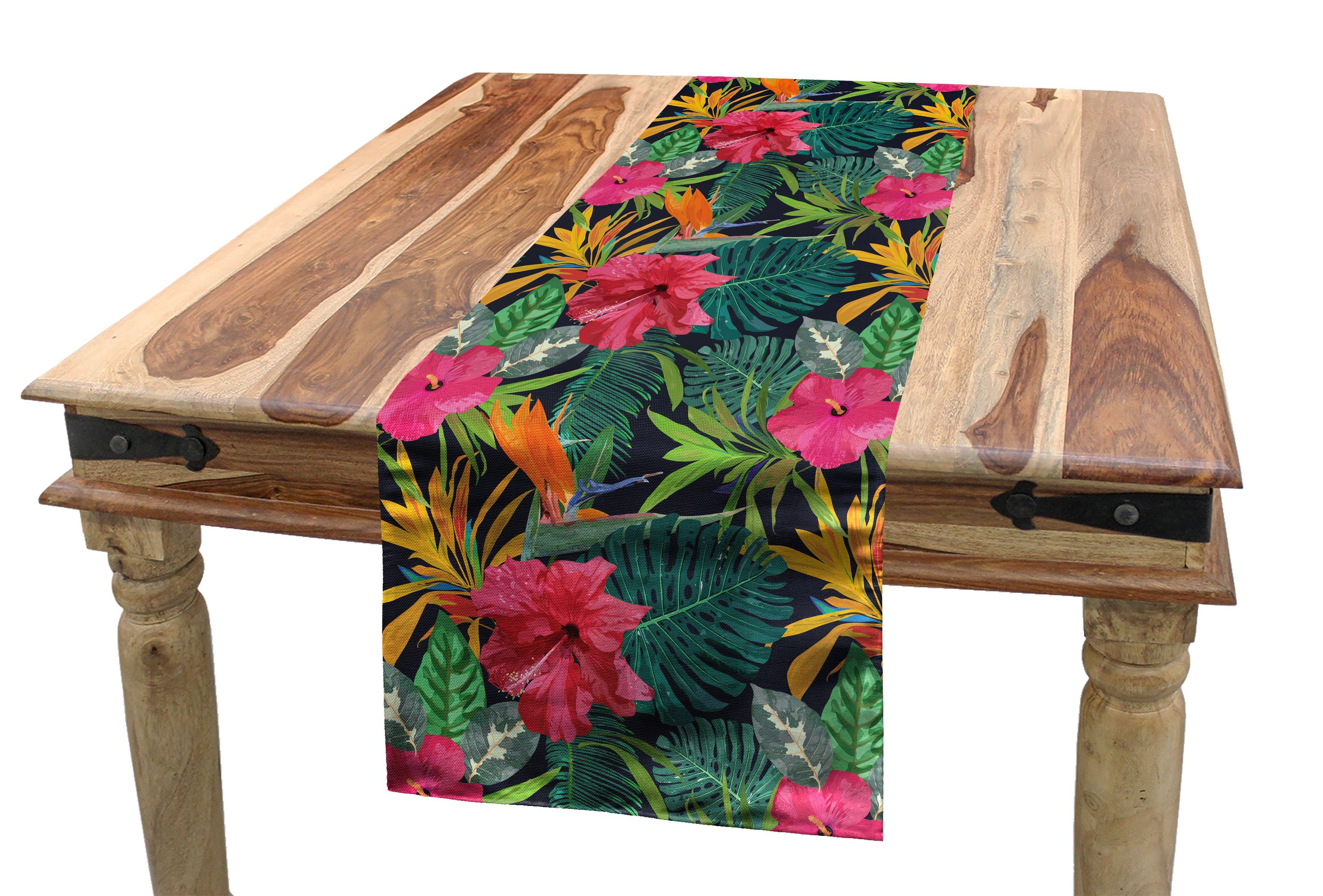 Abakuhaus Tischläufer Esszimmer Küche Rechteckiger Dekorativer Tischläufer, Tropical Insel Verlässt Hibiskus