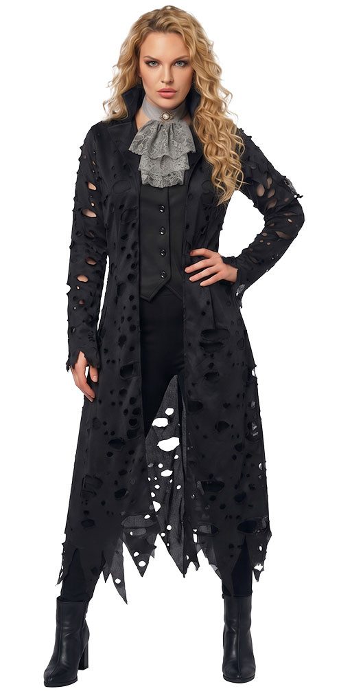 Karneval-Klamotten Zombie-Kostüm Horror Zombie Damen Gothic Mantel schwarz Löchern, Halloweenkostüm hochwertig grusel Frauenkostüm Karneval Fasching