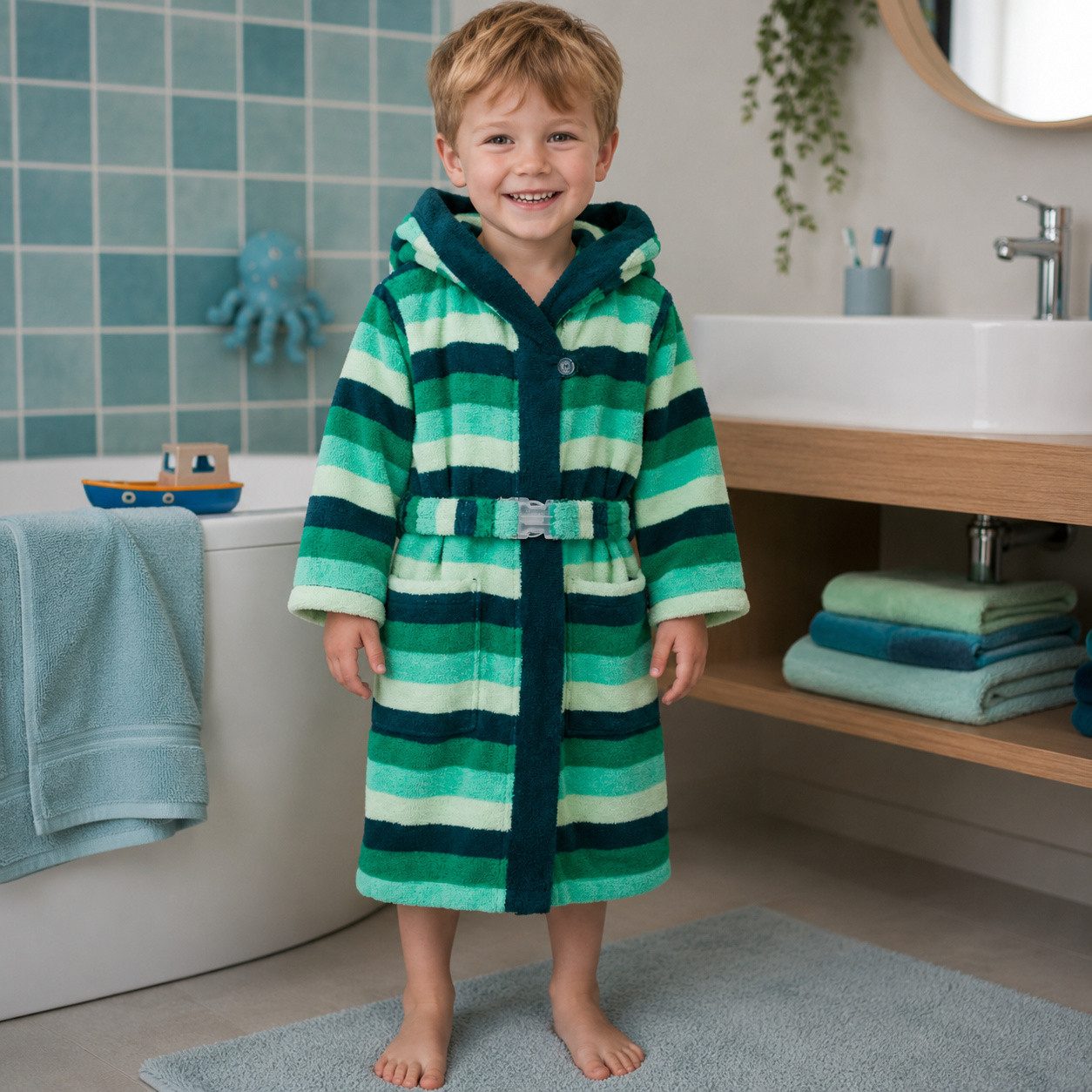 JAKO-O Kinderbademantel JAKO-O Kinder Bademantel Blockstreifen, grün gestreift, Frottier, Mit Kapuze – Bild 5 von 5