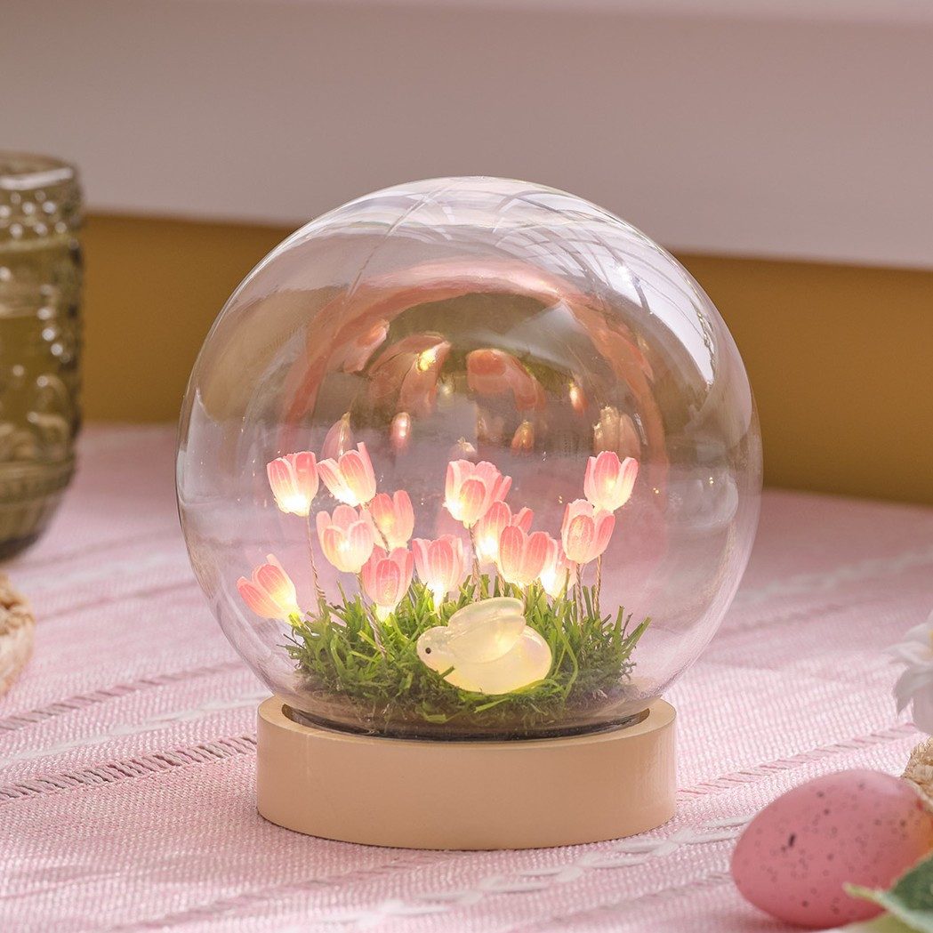 Lights4fun Osterei Batteriebetriebene LED-Osterkugel mit Hase & rosa Blumen