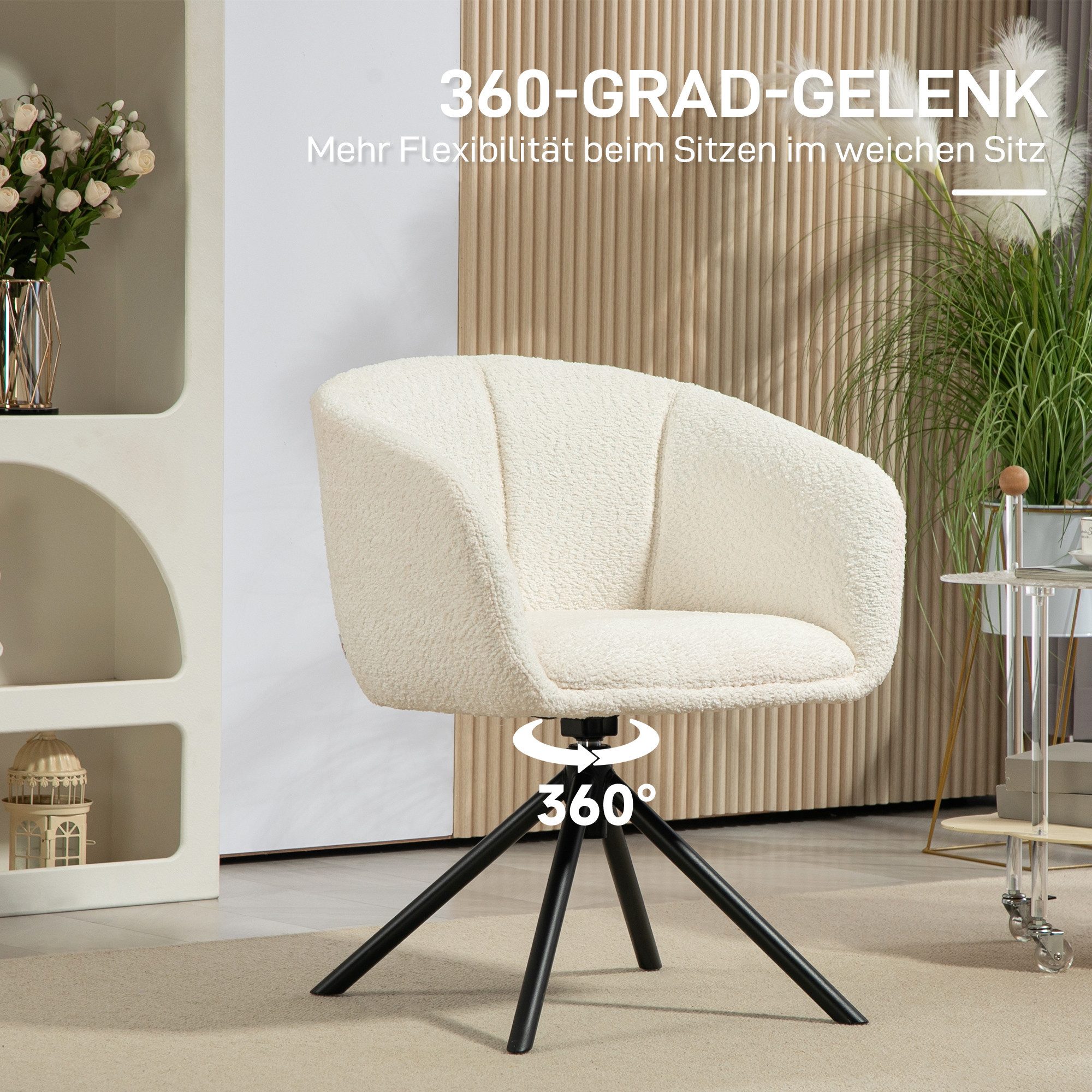 HOMCOM Relaxsessel Sessel Loungesessel mit Metallbeine Lesesessel mit Chenille-Optik (Sessel, 1-St., Akzentstuhl), für Wohnzimmer, Schlafzimmer, Cremeweiß – Bild 4 von 5
