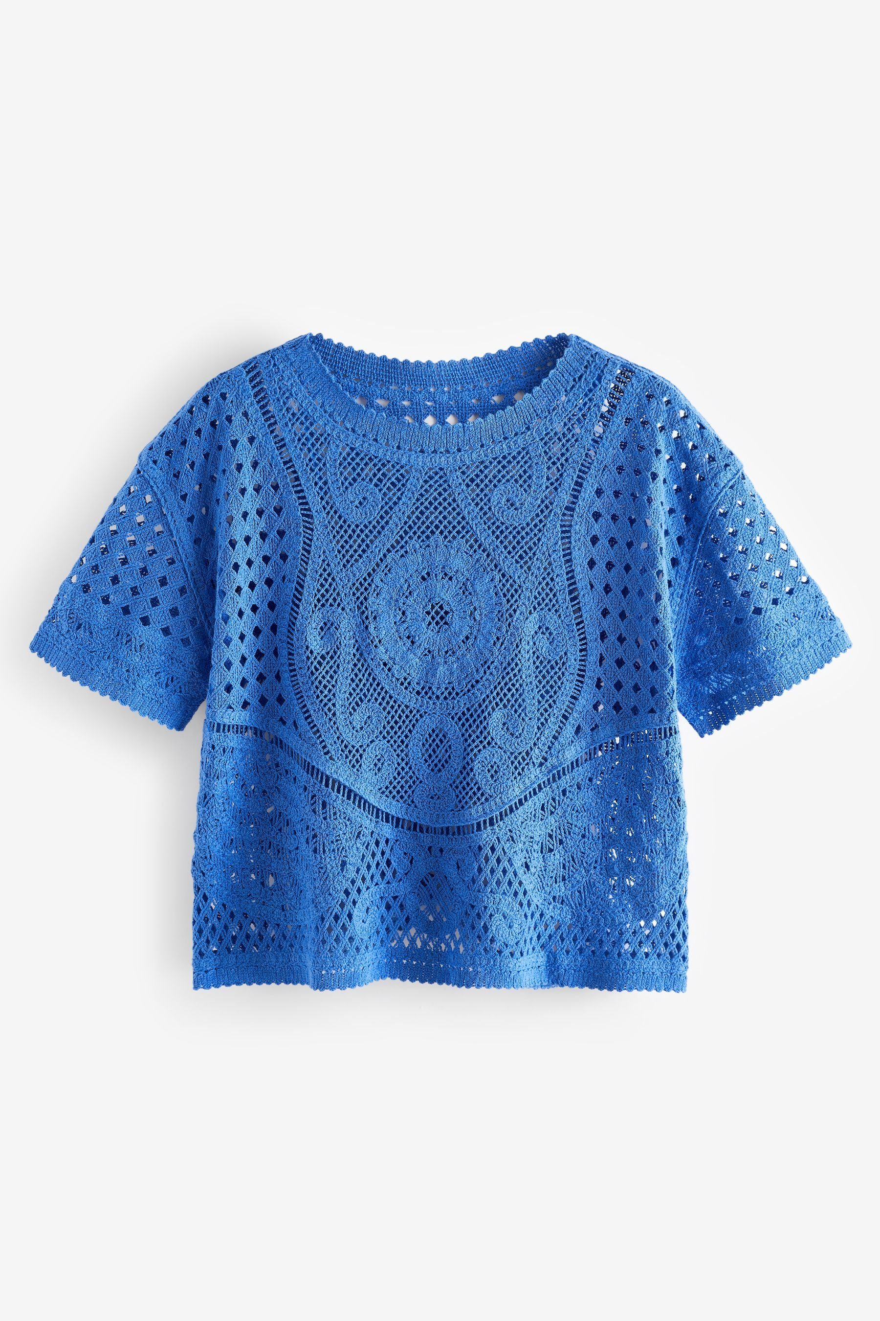 Next Kurzarmpullover T-Shirt mit gehäkeltem Ausschnitt (1-tlg) Bright Blue