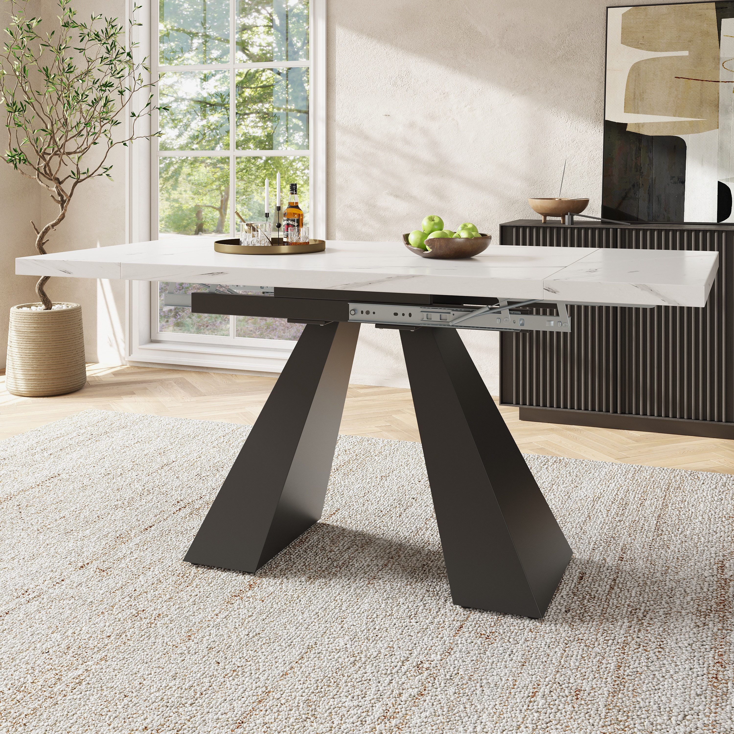 OKWISH Esstisch Langer Tisch,Moderne Esstisch,Teleskoptisch,Esstisch-Set (Teleskoptisch Esstisch (99-159×74 cm), Ausziehbar mit Marmoroberfläche, Flexible Größe für Homeoffice & Wohnzimmer, Weißer MDF Tisch mit Carbonstahl-Beinen, Platzsparend & Stabil, Mit Schiebesystem & Verstellbarer Höhe, 1-St., 99-159 cm)