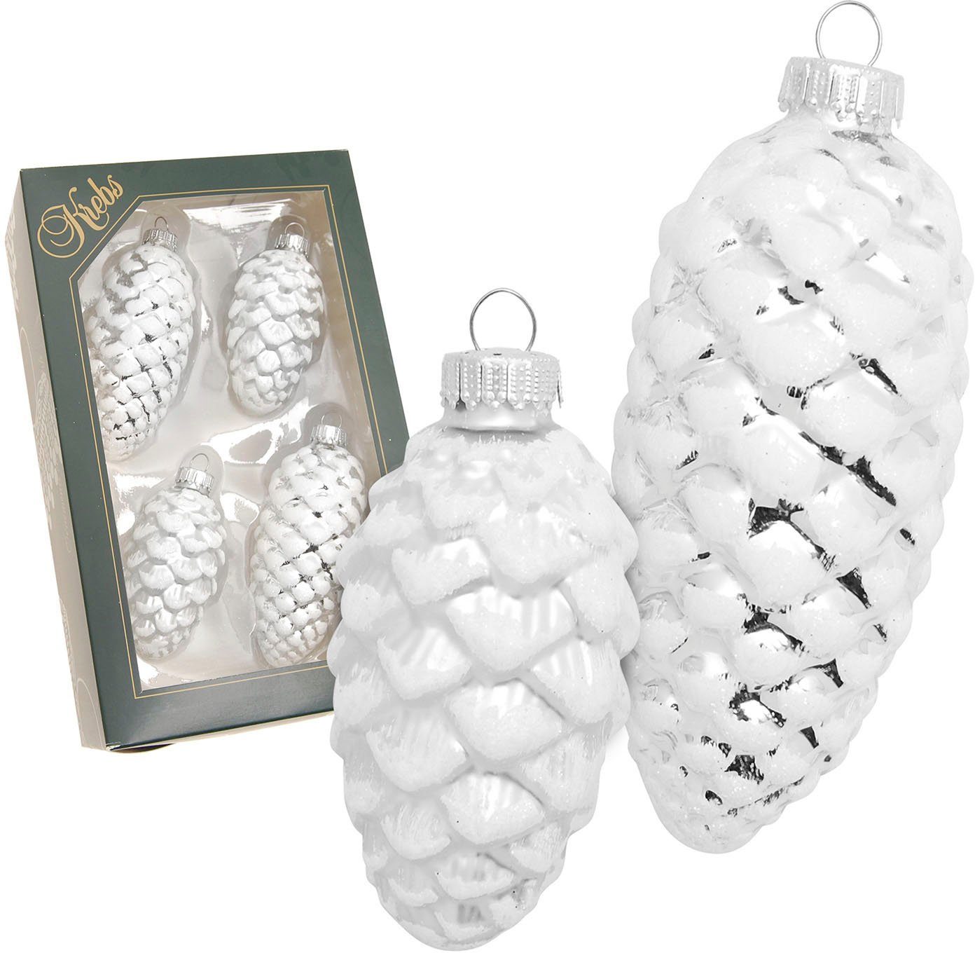 Krebs Glas Lauscha Christbaumschmuck Glas-Tannenzapfen Silberfarben, mit Glitter, 2x Ø 8 cm + 2x Ø 10 cm (4-tlg), Weihnachtsdeko, Weihnachtsbaumkugel, Christbau – Bild 2 von 3