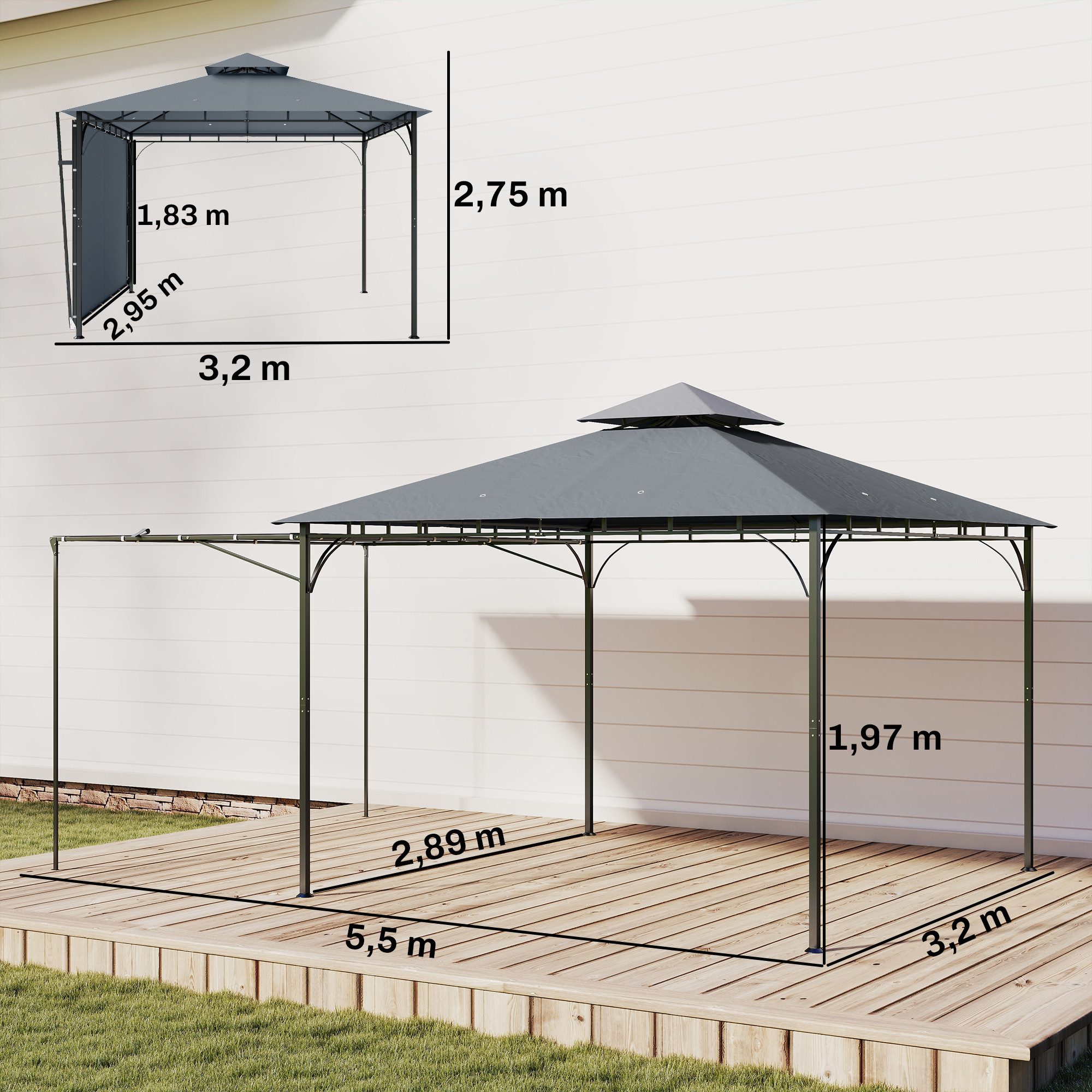 Outsunny Pavillon mit ausziehbaren Dachüberstand, Doppeldach, mit 1 Seitenteilen, (Gartenpavillon, Garten Pavillon), für Garten, Terrasse, Dunkelgrau