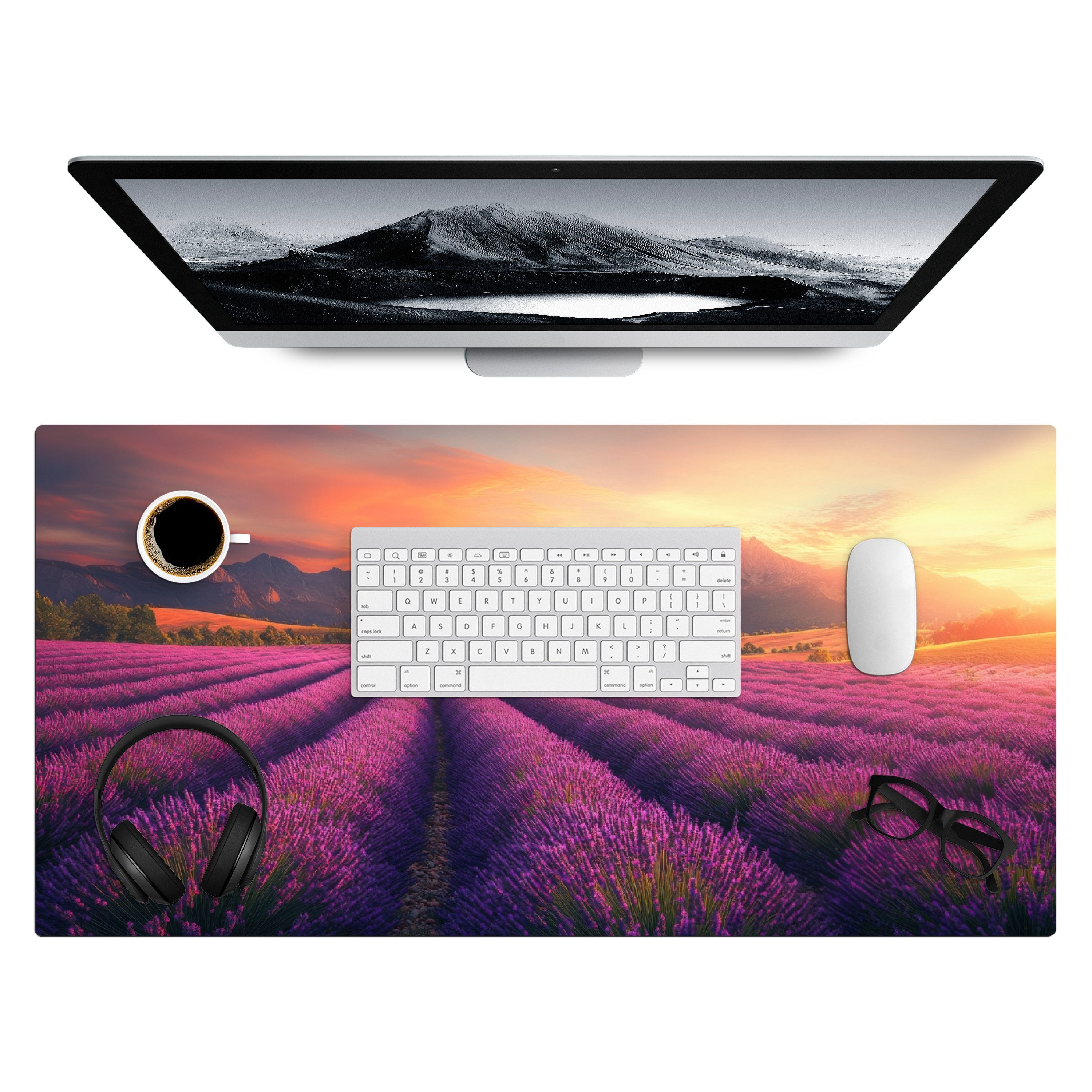 MuchoWow Gaming Mauspad Lavendelfeld - Sonnenuntergang - Lila (1-St), Gaming Mauspad XXL, Schreibtischunterlage, Desk Mat Groß, 80x40 cm