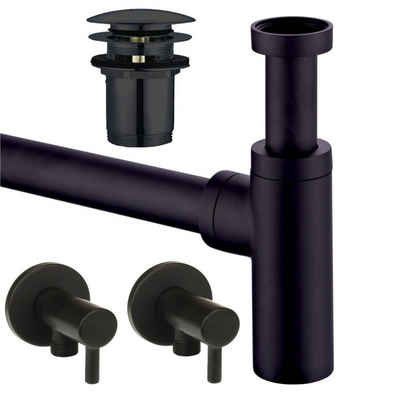 Sanixa Siphon »Luxe MB«, (4-tlg), Design Siphon Set rund schwarz matt mit Eck-Ventilen / Ablauf für Waschbecken Pop Up Ablaufset Sifon Röhren-Syphon