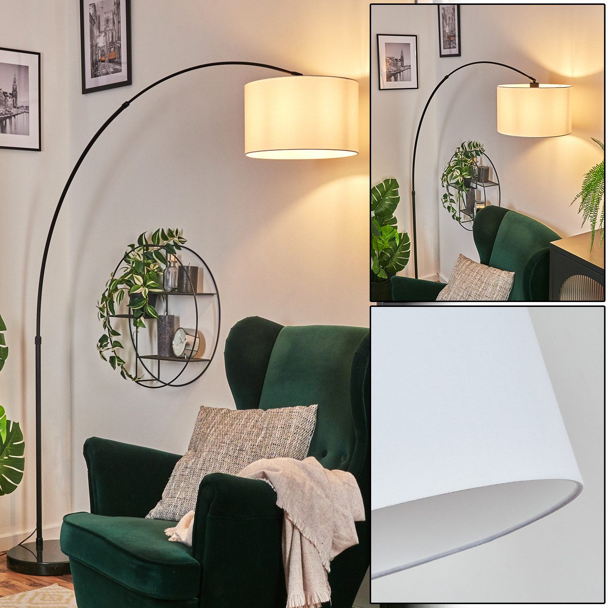 hofstein Bogenlampe Stehlampe aus Metall/Stoff in Schwarz/Weiß, Stehleuchte mit Marmorfuß, modernes Design (35 cm), Fußschalter, E27