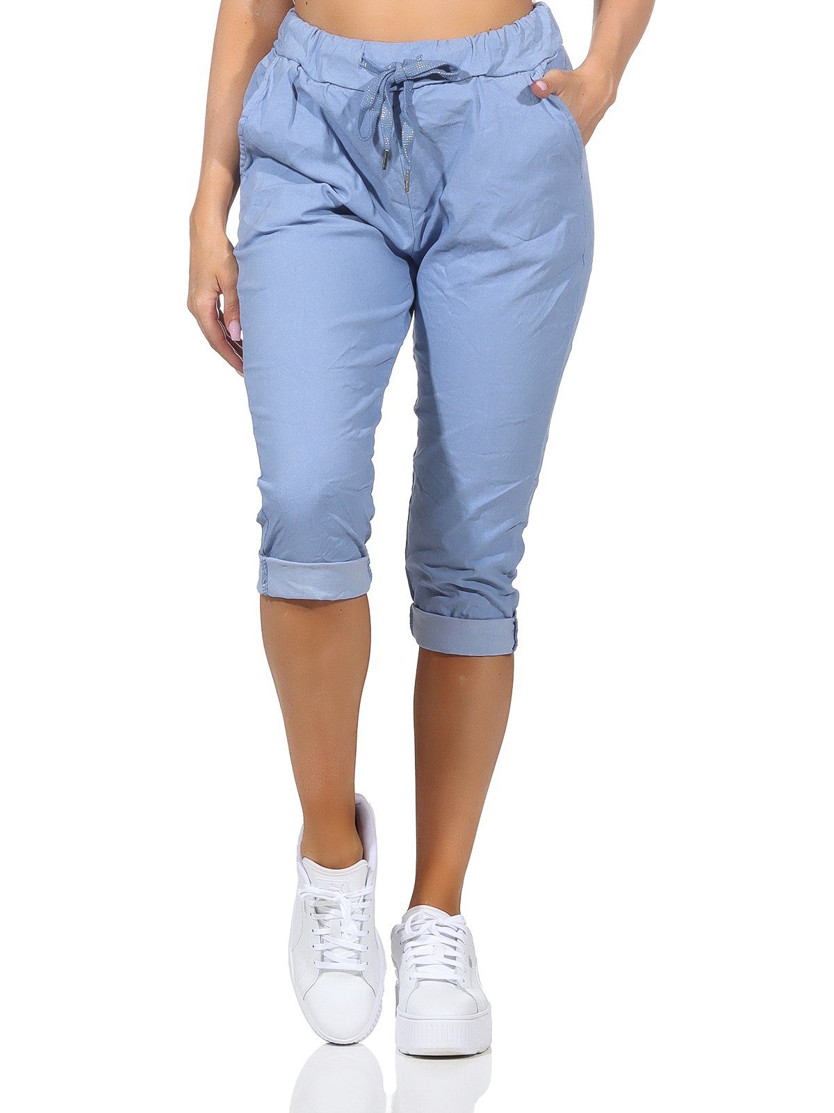 Taschen Hose Kordelzug, in Damenmode sommerlichen Bermuda Capri und Damen Farben, 7/8-Hose Sommerhose Aurela Kurze 36-44 Jeans