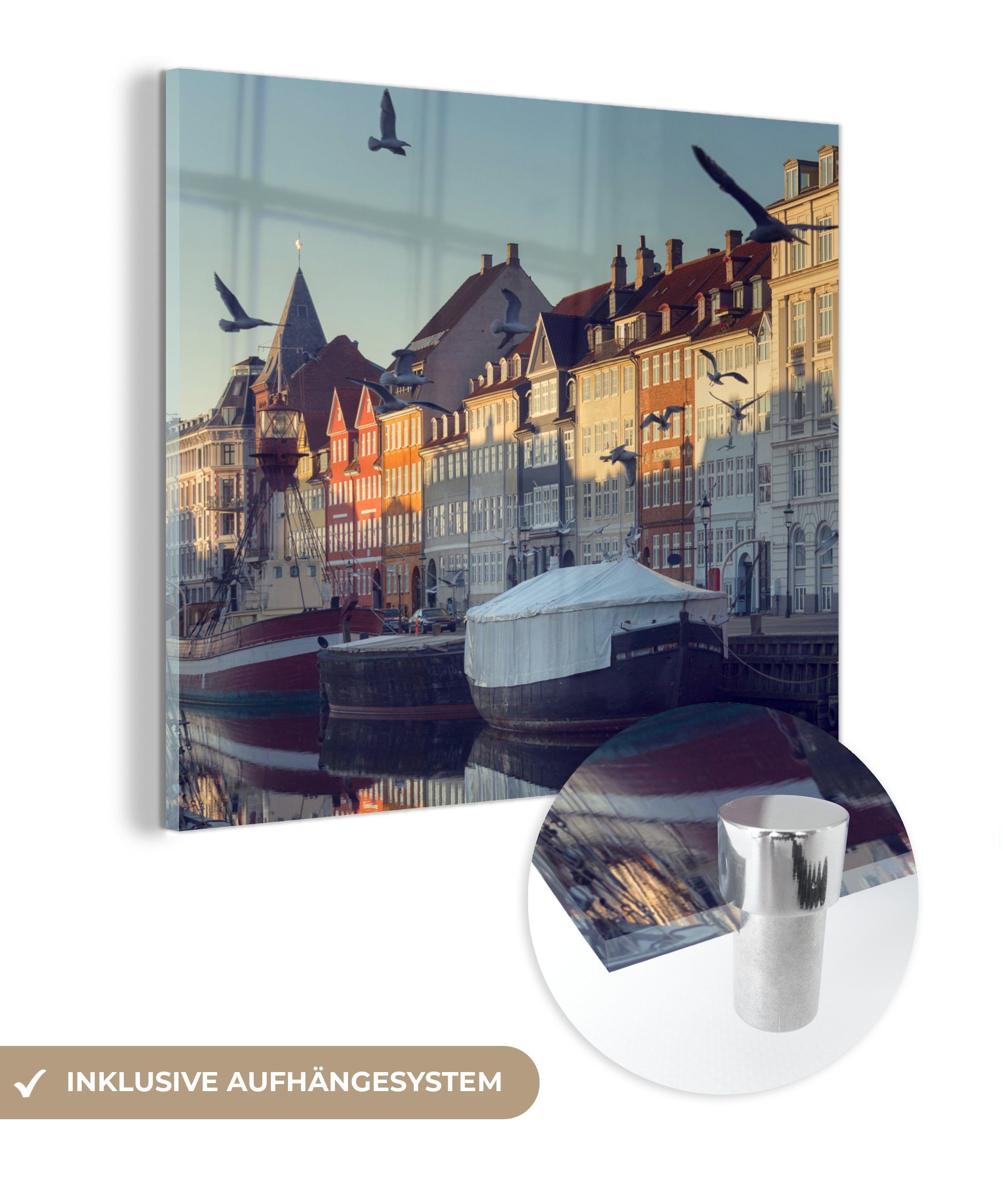 - Glas Dänemark, Glasbilder Kopenhagen MuchoWow Glas Nyhavn Foto - Acrylglasbild - Wanddekoration St), Wandbild am Morgen auf - (1 auf Bilder