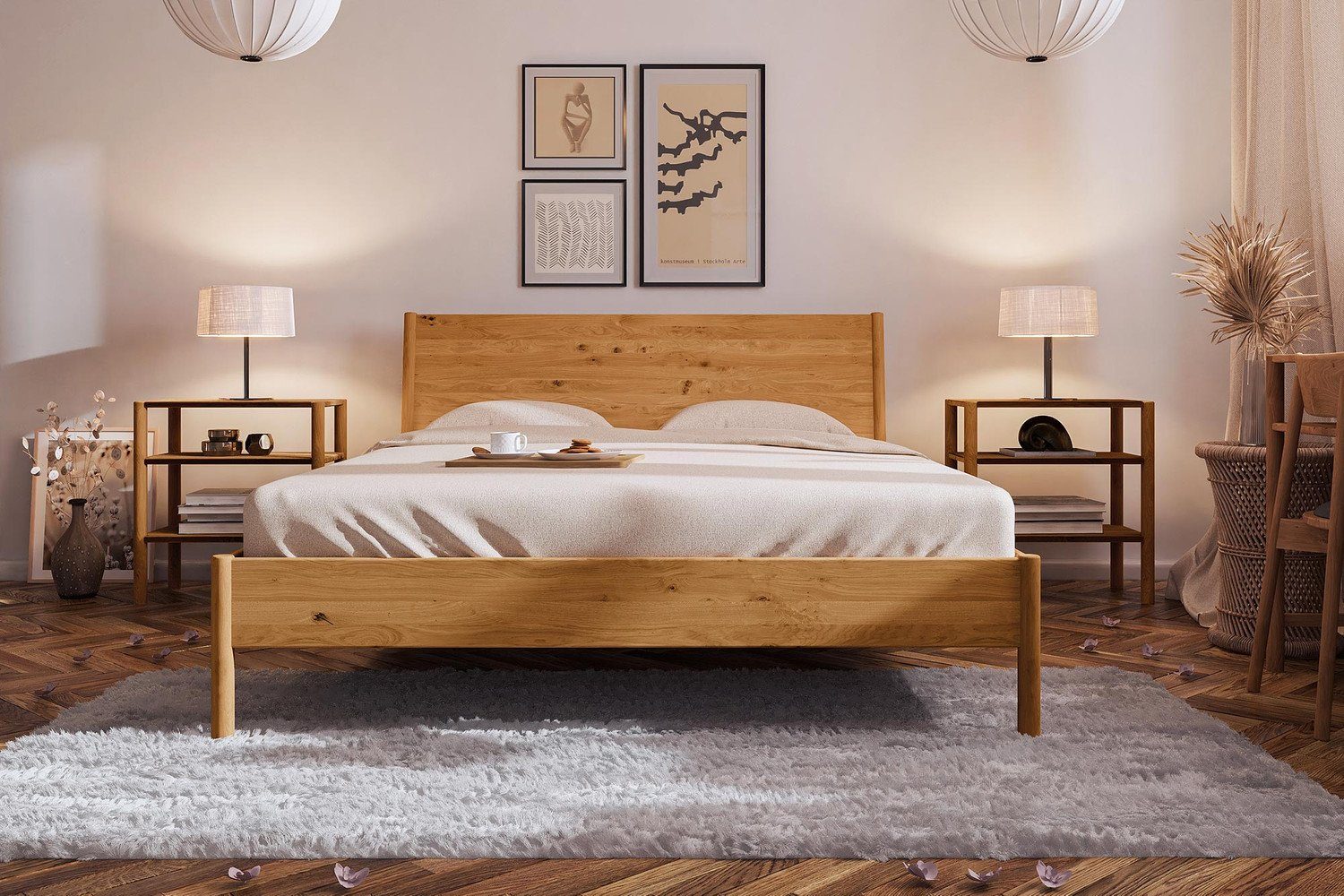 Natur24 Bett Bett Zola 1 Wildeiche massiv Sonderlänge 200x210 mit  Holzkopfteil und Holzbeinen